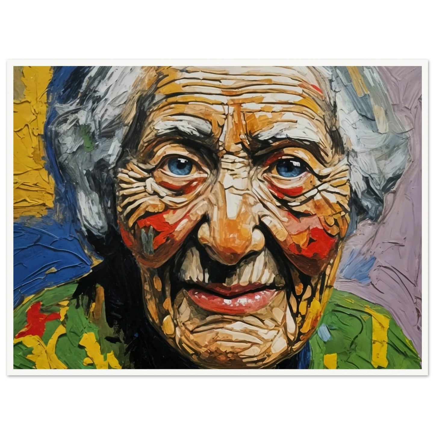 A vivid portrait of an elderly woman with expressive wrinkles and bright blue eyes, capturing the essence of a life well-lived through bold and textured brushstrokes.