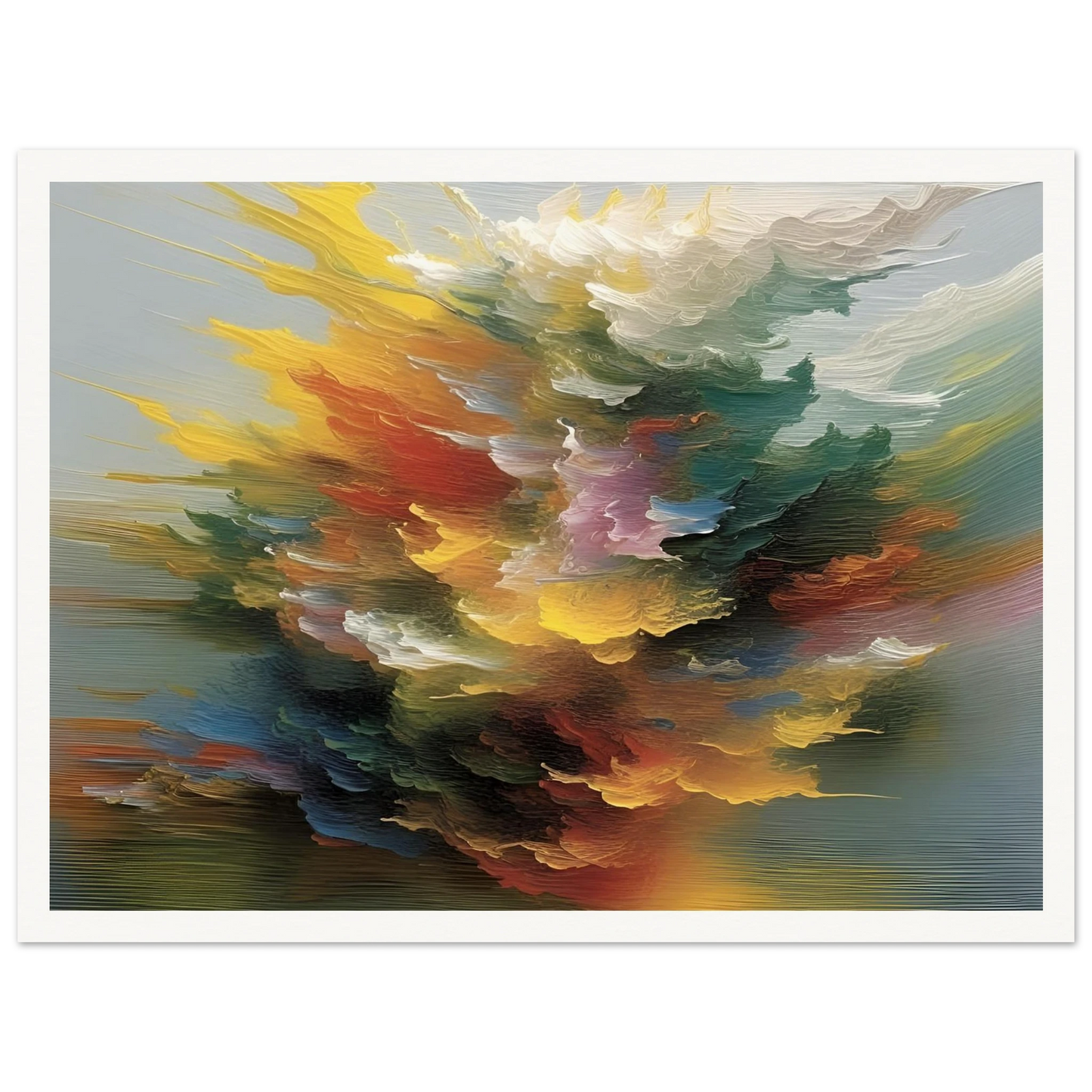 A swirling, radiant burst of multicolored abstract textures, resembling a cosmic explosion or floral cloud in motion.