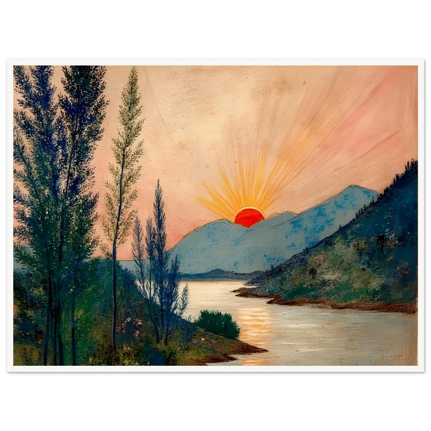 A vivid sunrise glows over misty mountains and a calm river, framed by tall trees and soft pastel skies.