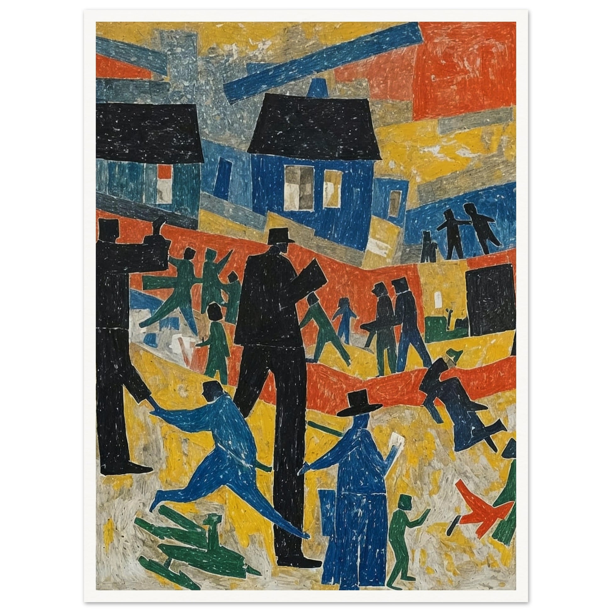 An abstract painting depicting a lively village scene with colorful houses and stylized figures in motion.