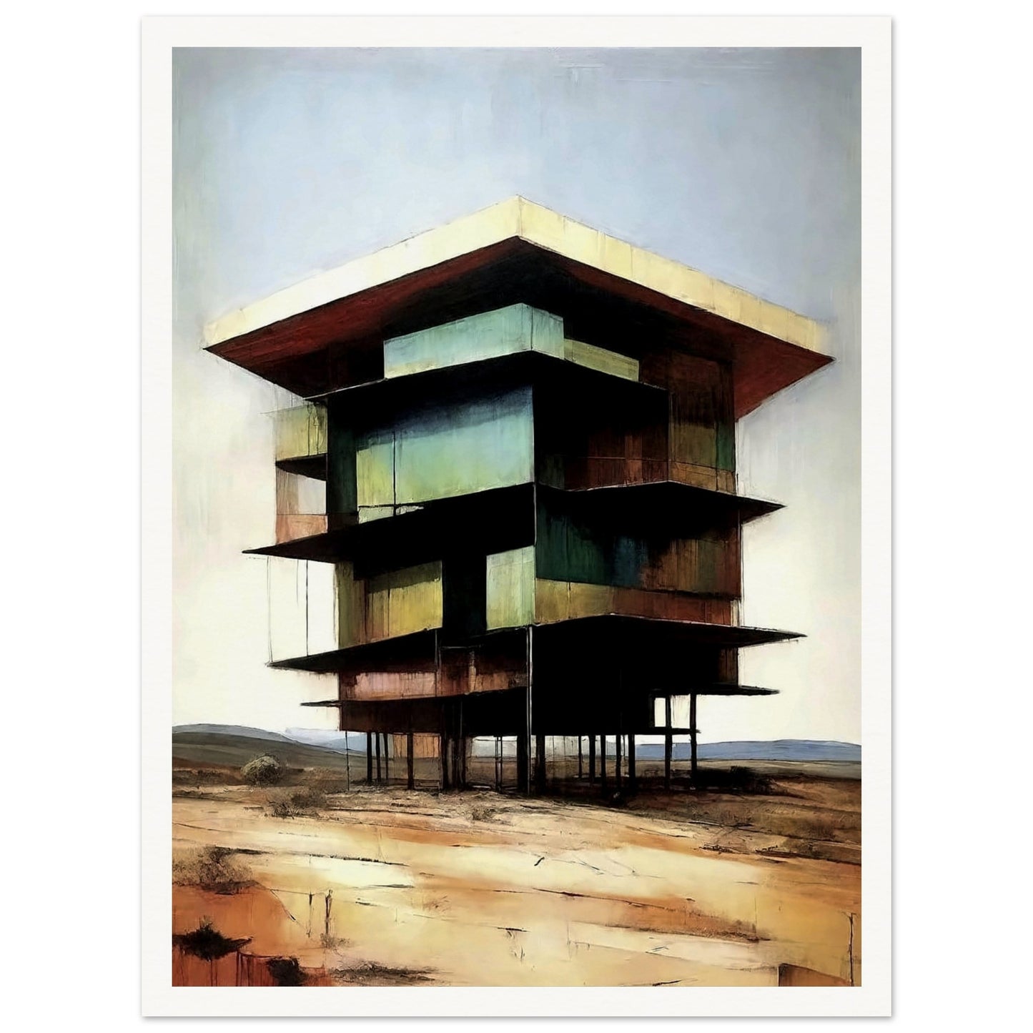 A modern, multi-level building standing on tall stilts in a desolate desert landscape, with earthy tones and a minimal sky.
