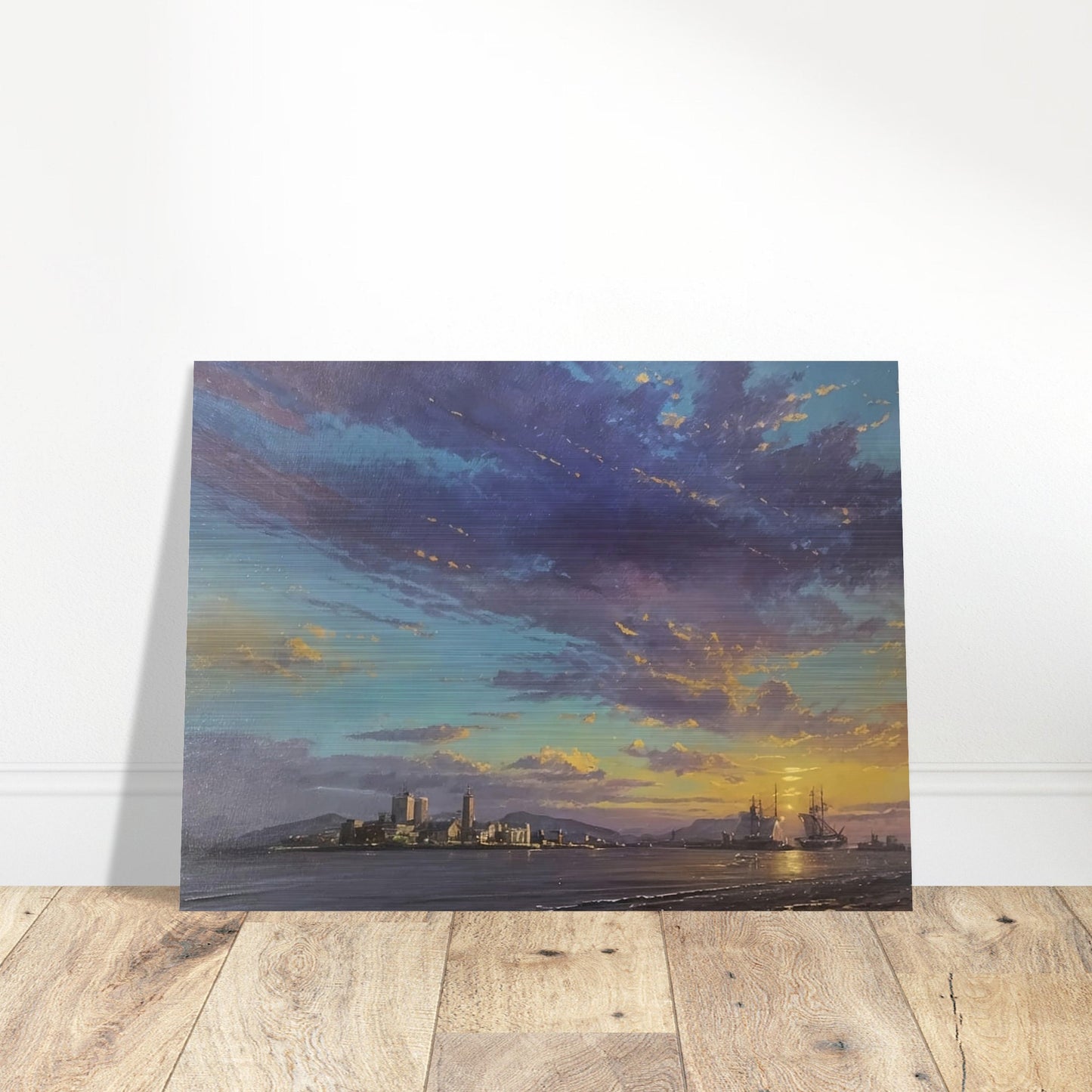 A stunning painting of a harbor at sunset, with ships anchored and a vibrant sky filled with hues of blue, purple, and orange.