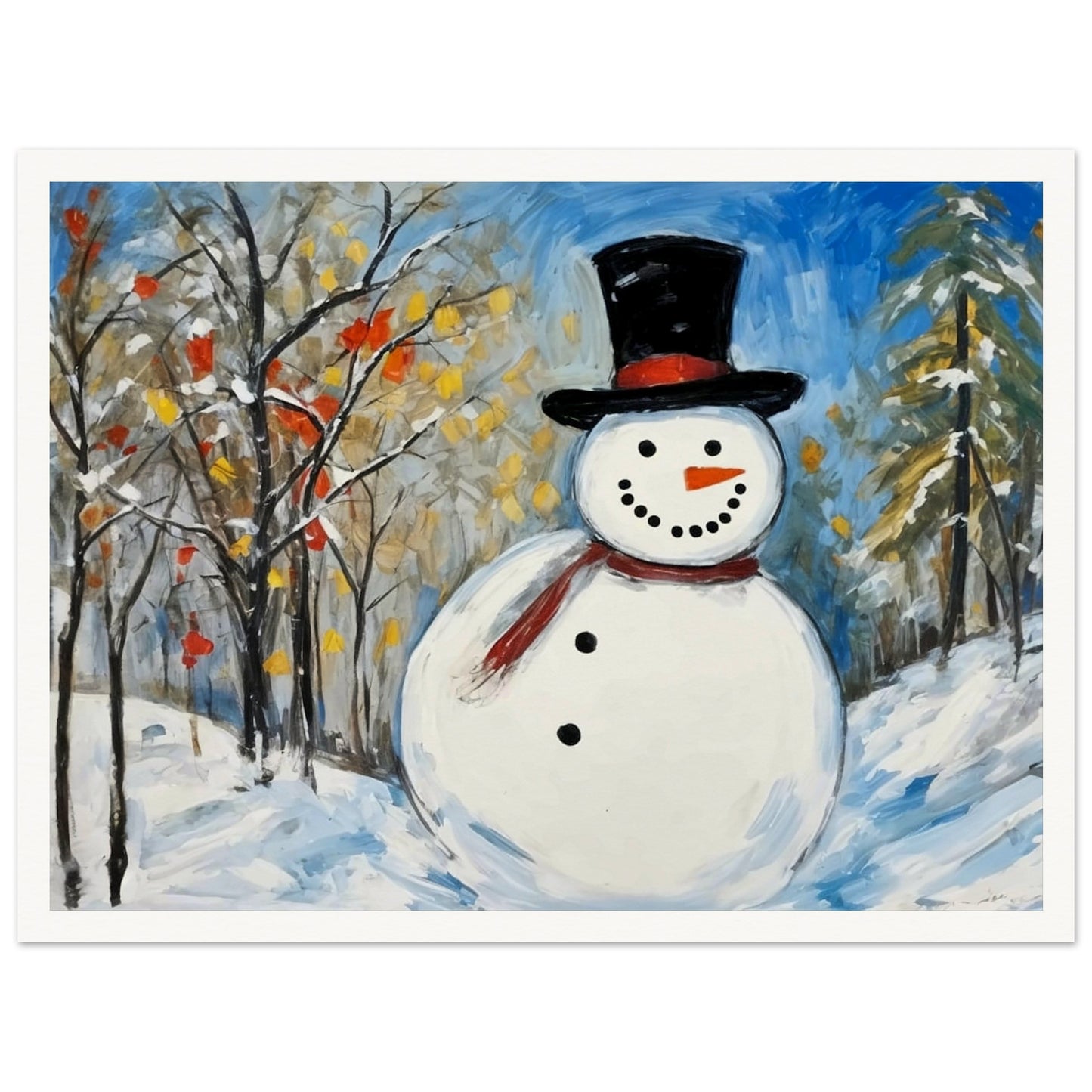 A cheerful snowman with a black top hat and red scarf stands in a snow-covered landscape, surrounded by snow-dusted trees with autumn leaves and a clear blue sky.