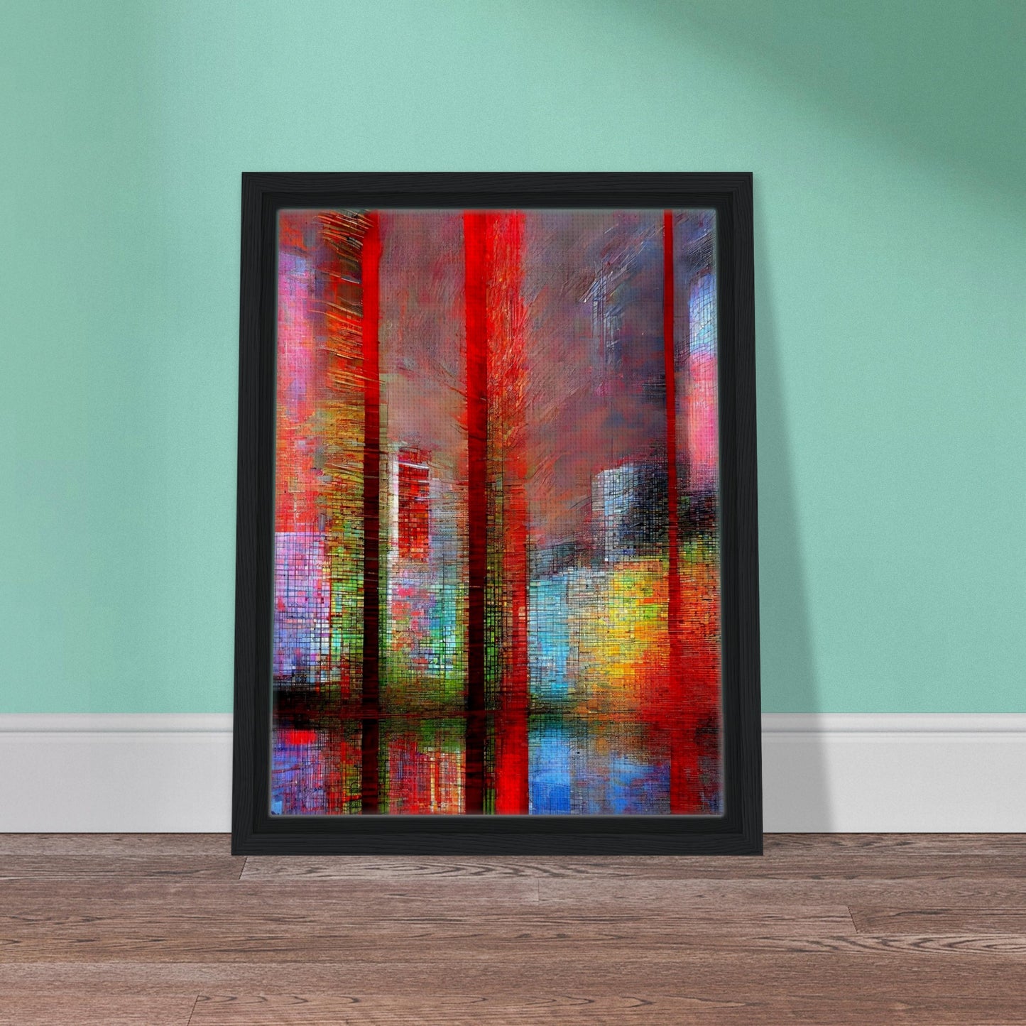 A vibrant abstract cityscape featuring tall red structures, colorful reflections, and a textured urban atmosphere in shades of red, blue, and yellow.