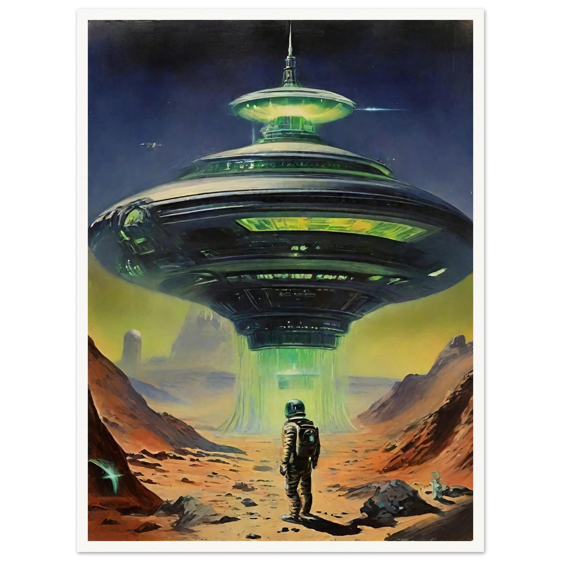 A sci-fi painting of an astronaut standing in front of a large, illuminated alien spacecraft on a barren landscape.