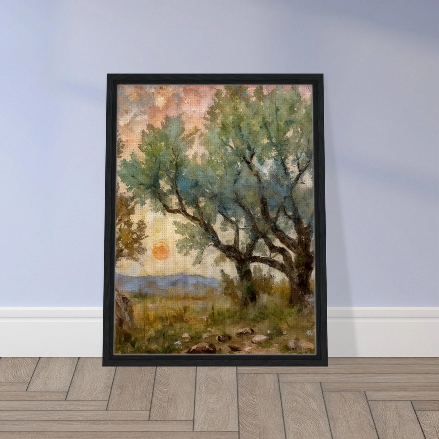 Sunset filters through tall, leafy trees, casting golden light over a rocky path and open field in this painterly forest scene.