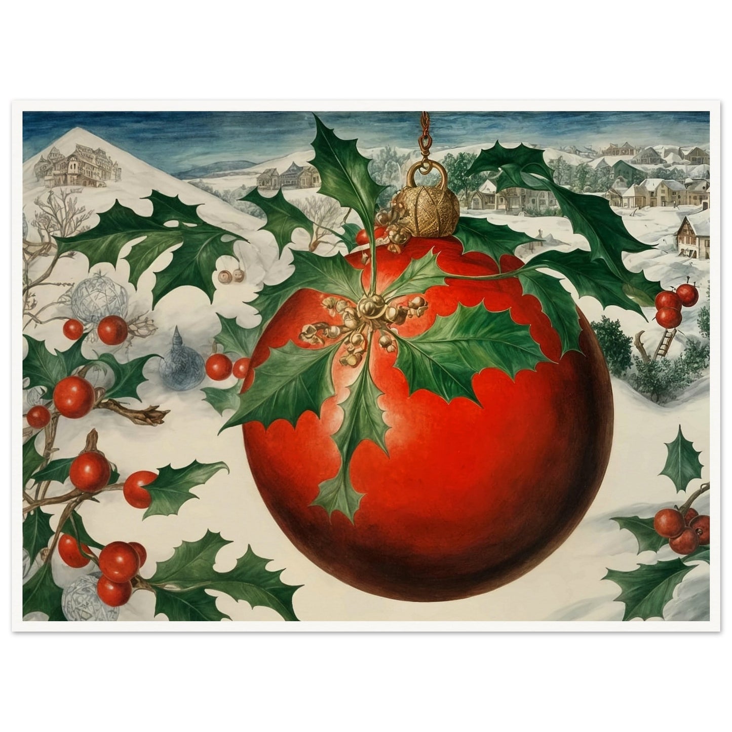 A large red Christmas ornament adorned with holly leaves and berries, set against a snowy village landscape, evoking the holiday spirit in a wintry setting.