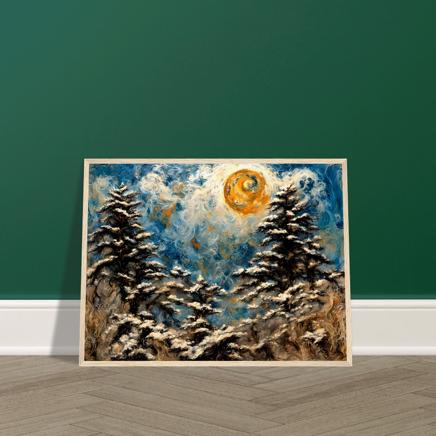 A mesmerizing winter landscape painting with swirling snow-covered trees, a glowing golden sun, and a vibrant blue sky with intricate textures.