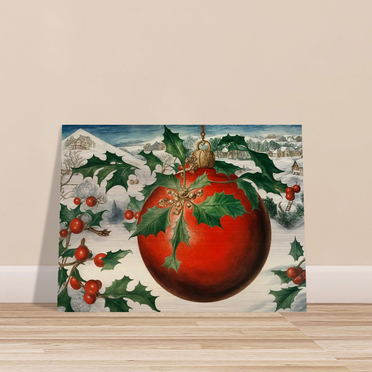 A large red Christmas ornament adorned with holly leaves and berries, set against a snowy village landscape, evoking the holiday spirit in a wintry setting.