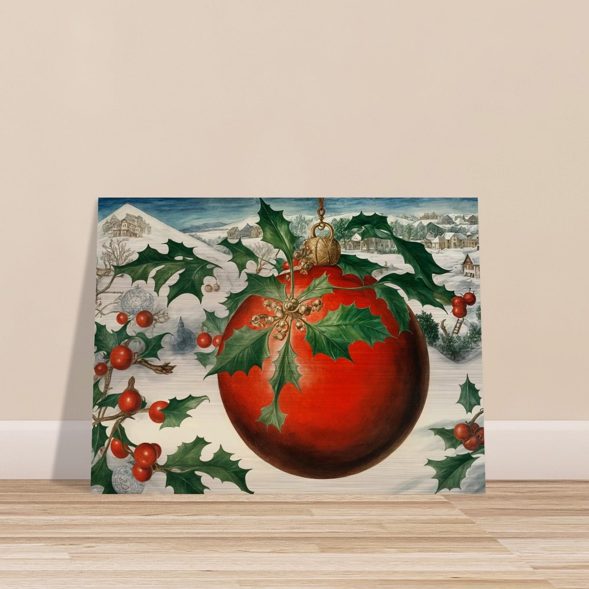 A large red Christmas ornament adorned with holly leaves and berries, set against a snowy village landscape, evoking the holiday spirit in a wintry setting.