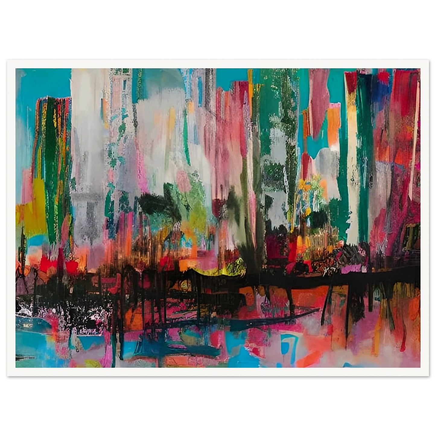 A vibrant cityscape with bold, abstract strokes of color, including teal, pink, red, and orange, creating a dynamic and energetic atmosphere.