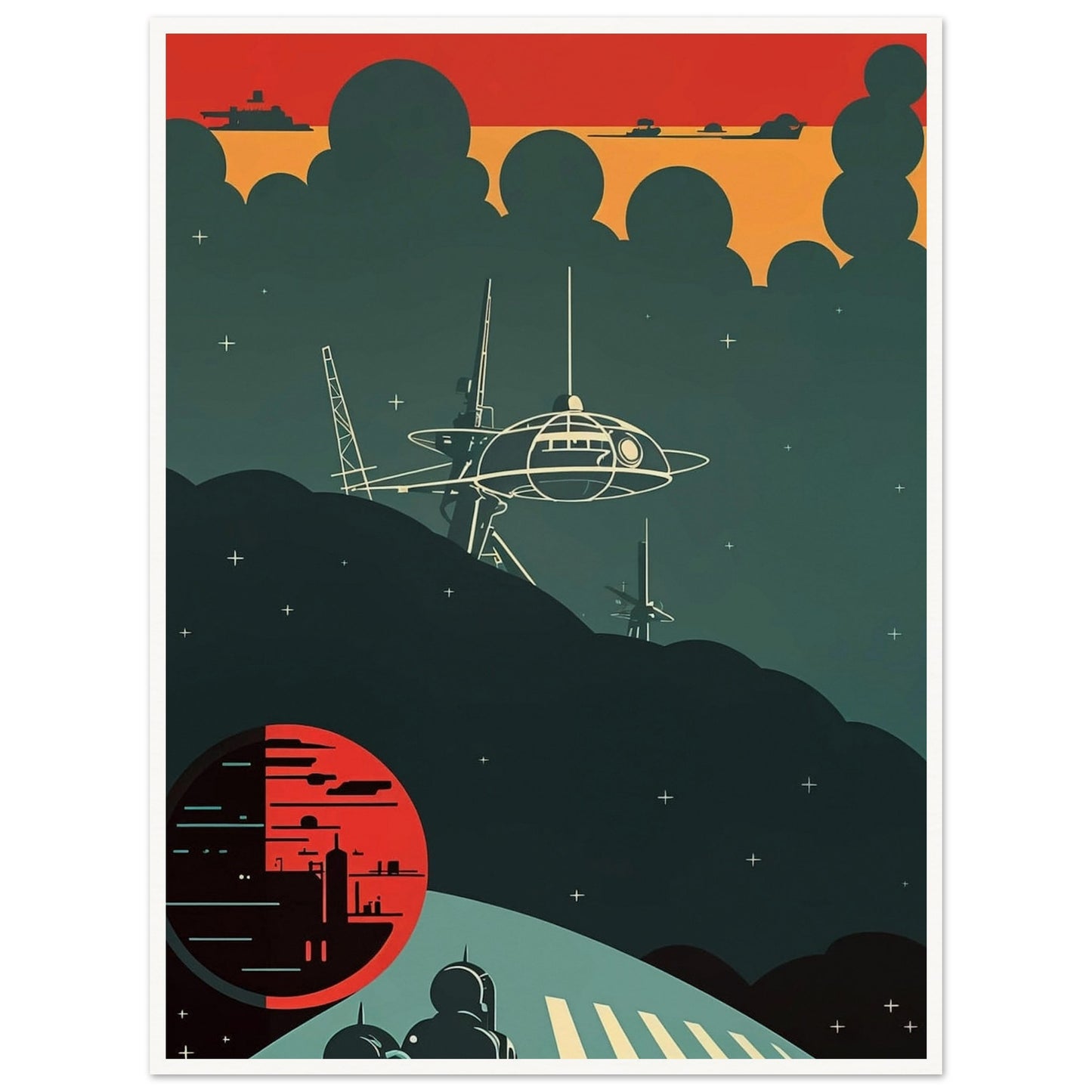A futuristic scene featuring a space station silhouetted against a dark sky with a glowing red planet in the background, capturing a moment of eerie calm in space.