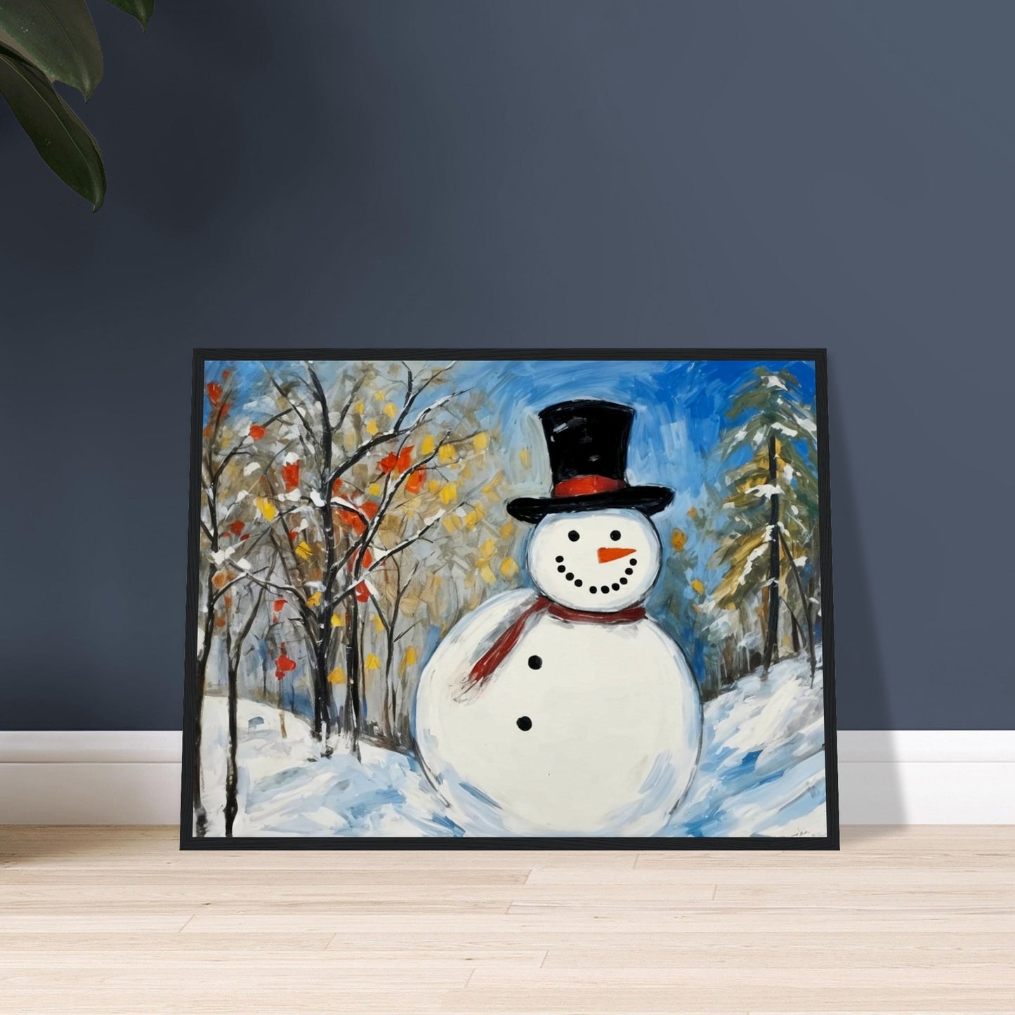 A cheerful snowman with a black top hat and red scarf stands in a snow-covered landscape, surrounded by snow-dusted trees with autumn leaves and a clear blue sky.