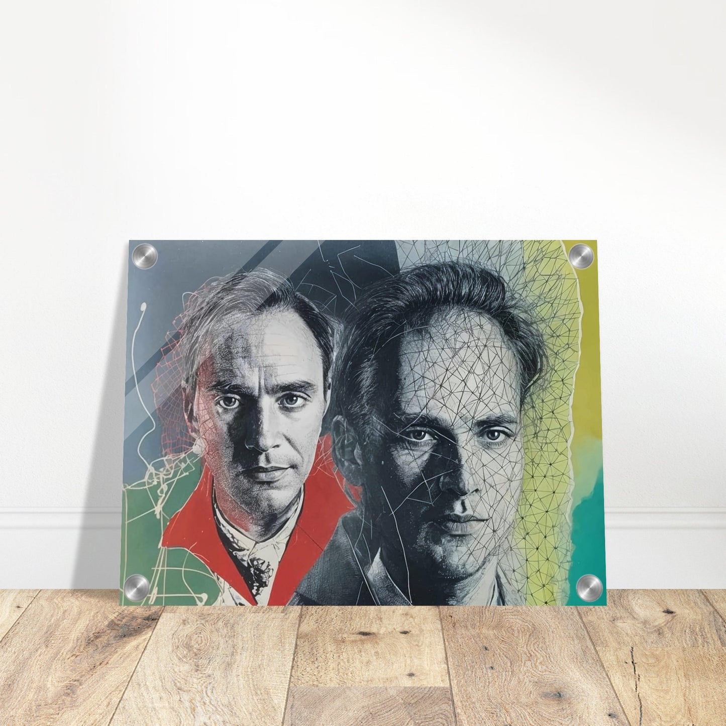 A surreal portrait featuring two faces of the same man, one with a vibrant red collar and the other interwoven with abstract lines.