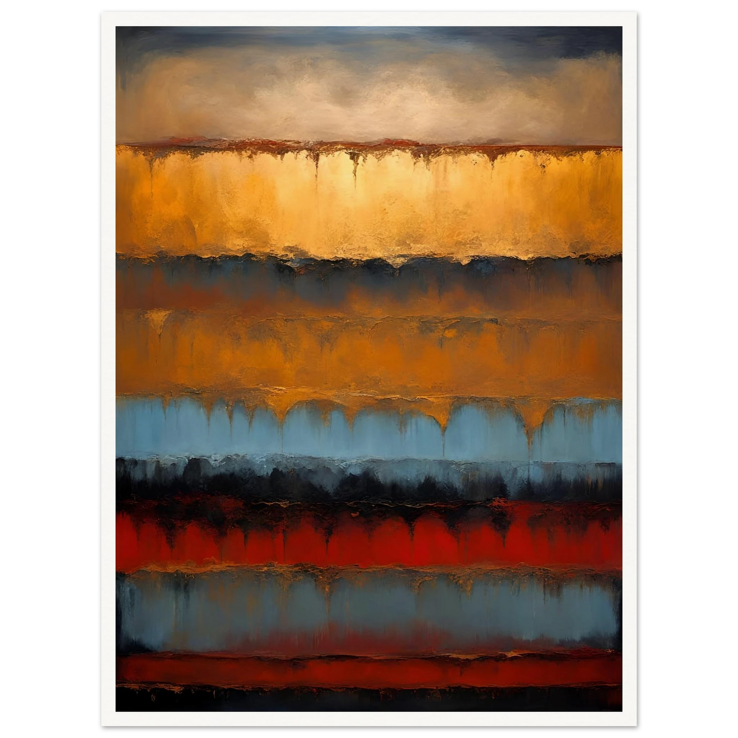 Rich bands of gold, rust, blue, and black flow like sediment layers in a moody, textured expression of earth and time.