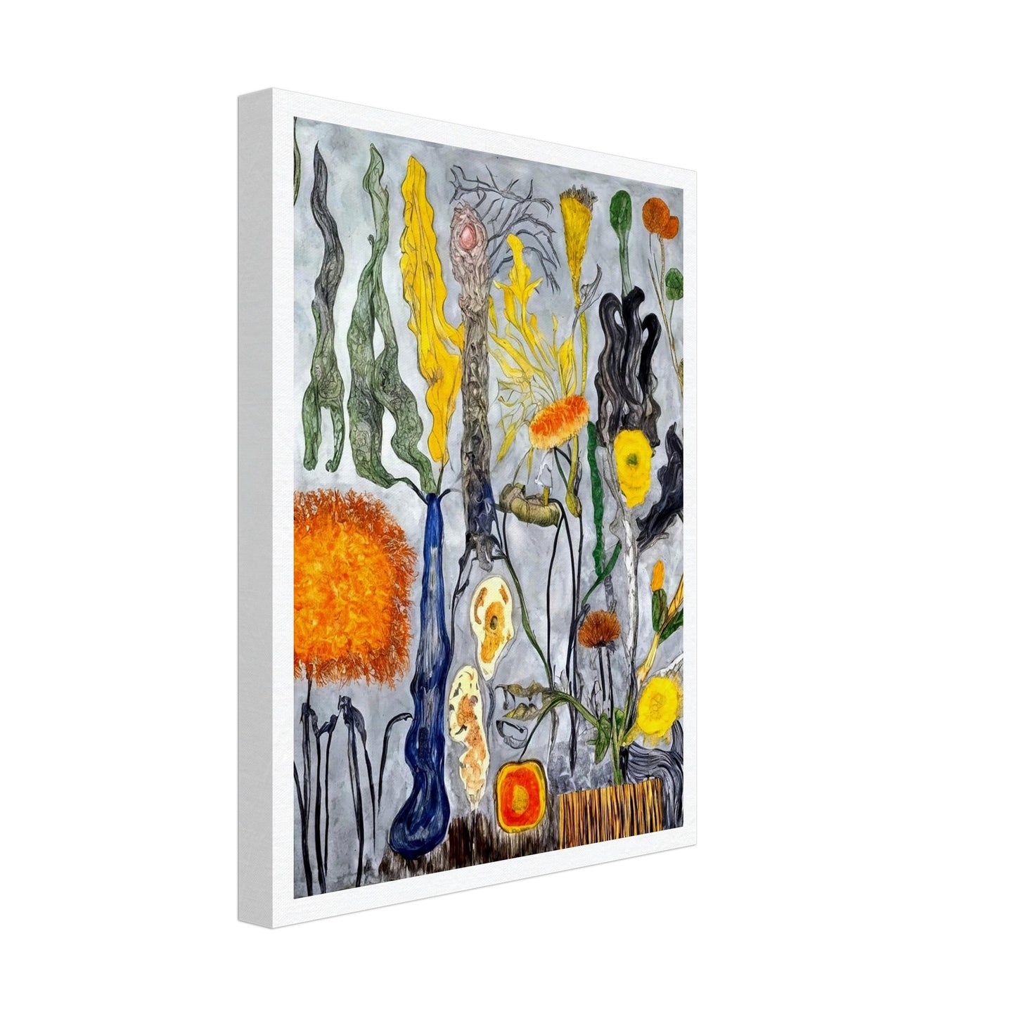 A surreal floral composition featuring abstract shapes and vibrant colors, with twisting, unusual stems and yellow, orange, and green flowers.