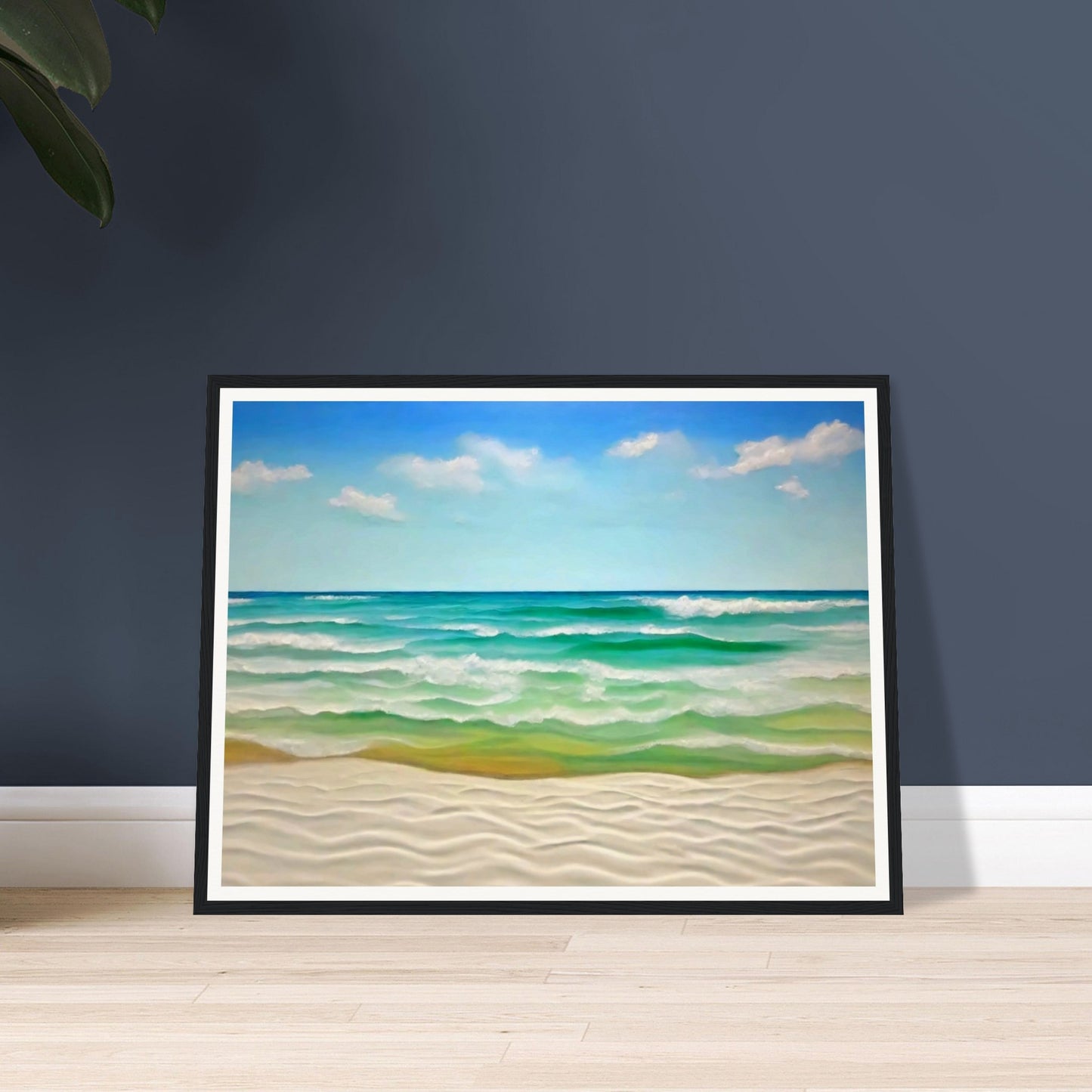 "A peaceful seascape painting of gentle waves rolling onto a white sandy beach under a clear blue sky with soft clouds."