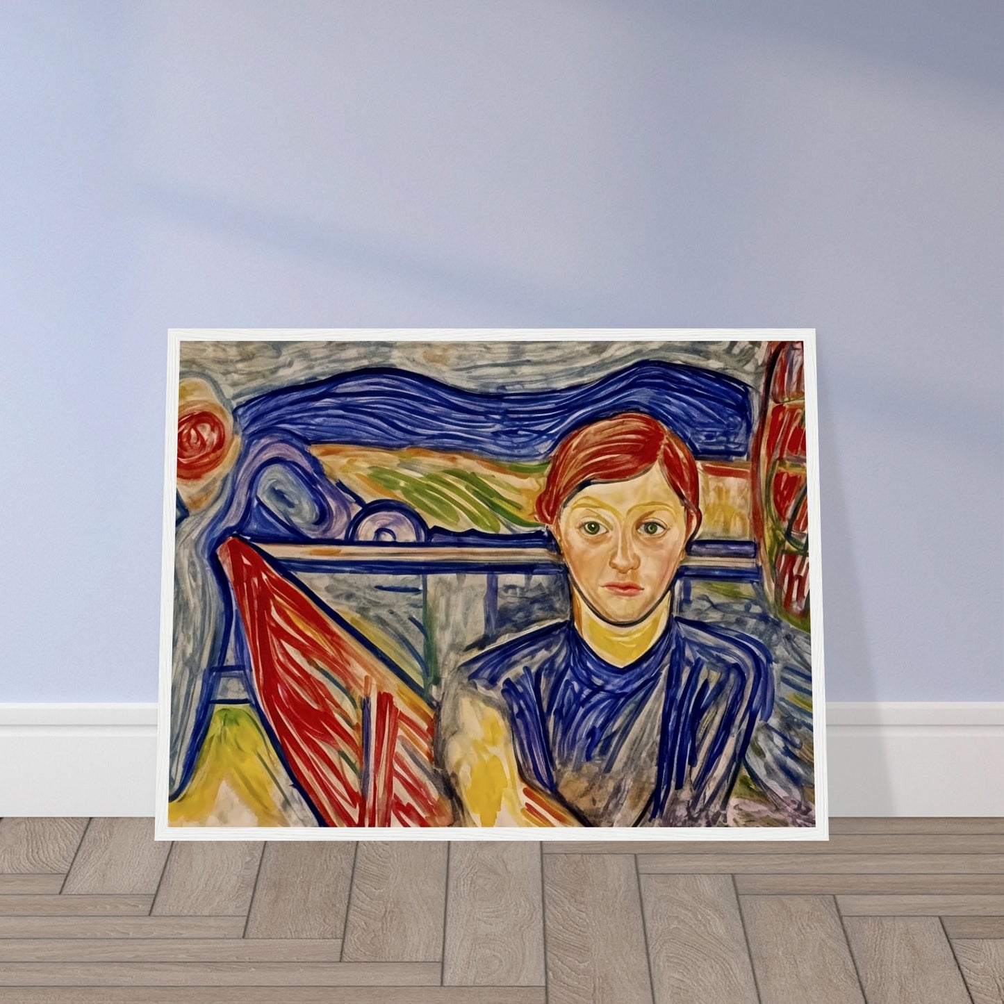 An expressive painting of a figure with red hair, seated against a vibrant background of swirling blue, red, and green brushstrokes, creating a sense of deep thought and inner reflection.