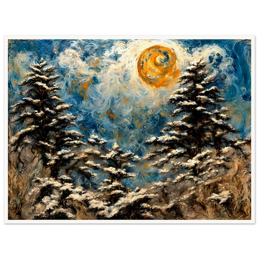 A mesmerizing winter landscape painting with swirling snow-covered trees, a glowing golden sun, and a vibrant blue sky with intricate textures.