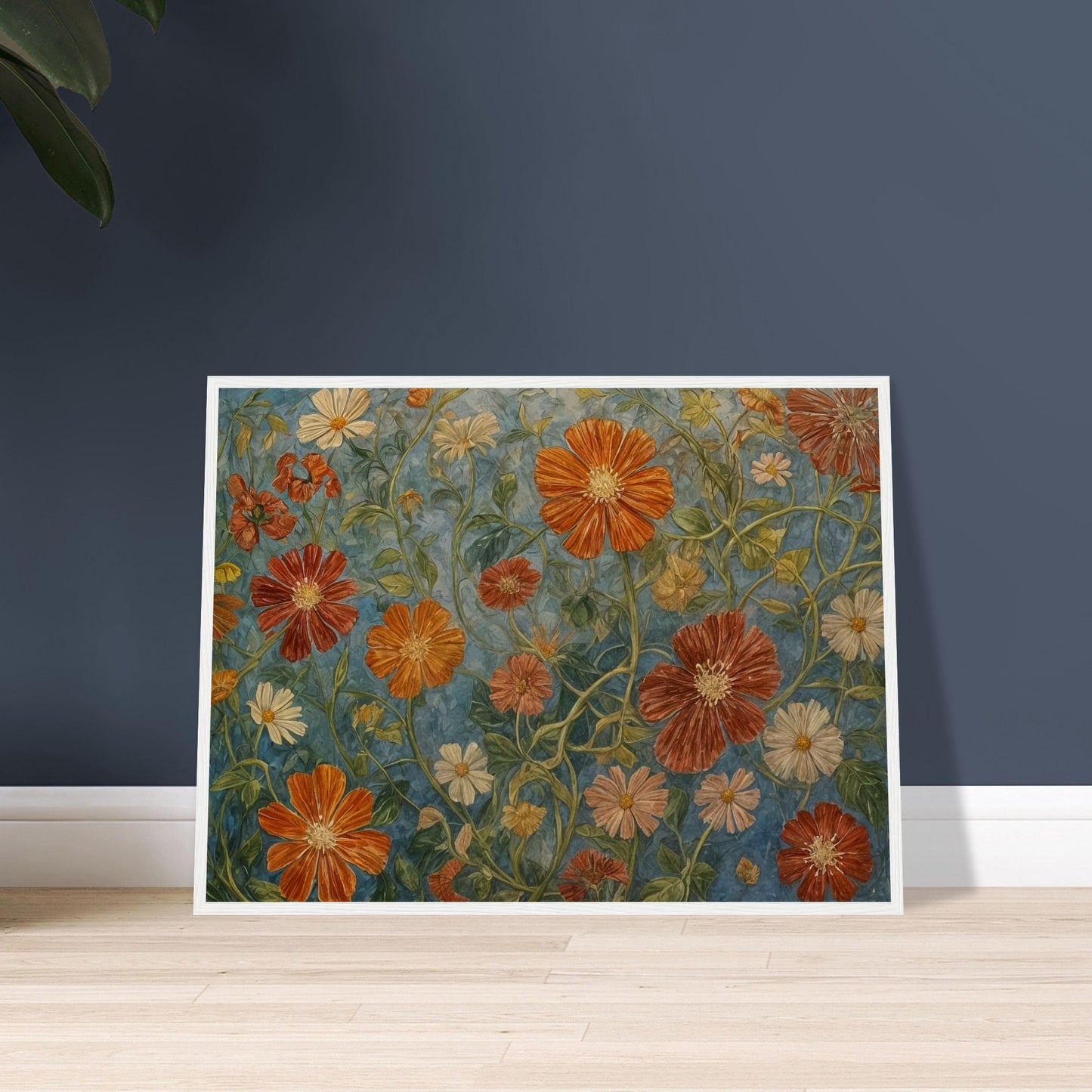 A detailed painting of various orange and white flowers with lush green stems against a blue background.