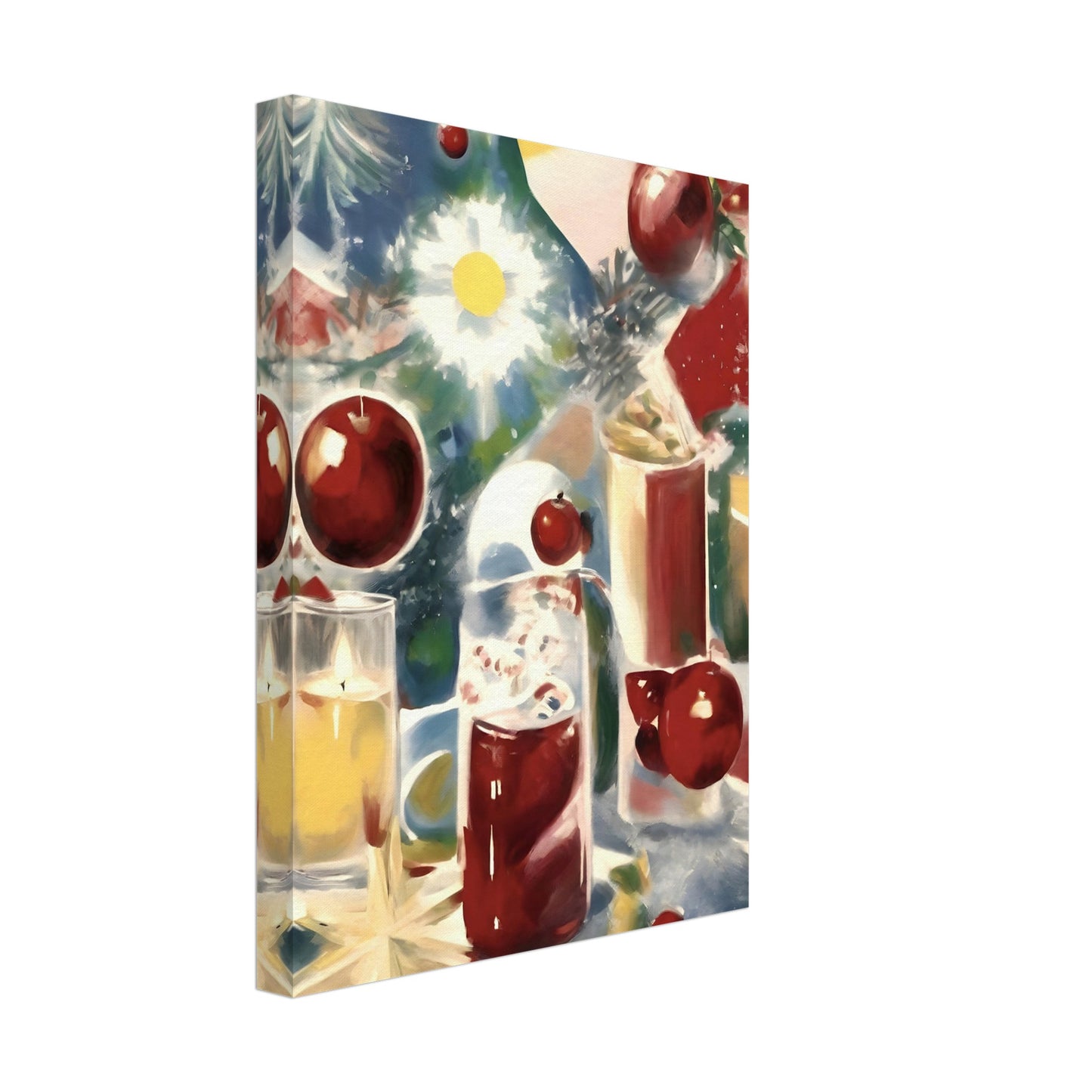 A festive still life featuring glasses of holiday drinks, vibrant red ornaments, holly leaves, and glowing candles on a colorful background.