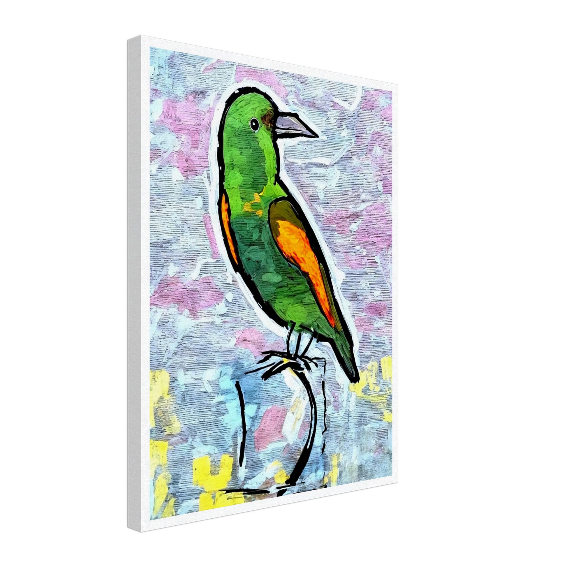A colorful green and orange bird sits perched against a soft, textured pastel background, highlighting its vibrant feathers and watchful gaze.
