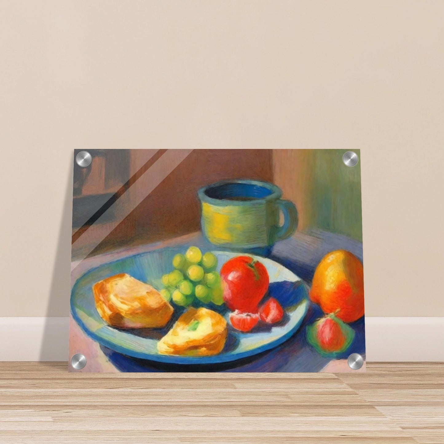 A still life painting featuring a breakfast plate with grapes, bread, and fruit beside a ceramic mug, bathed in soft morning light.