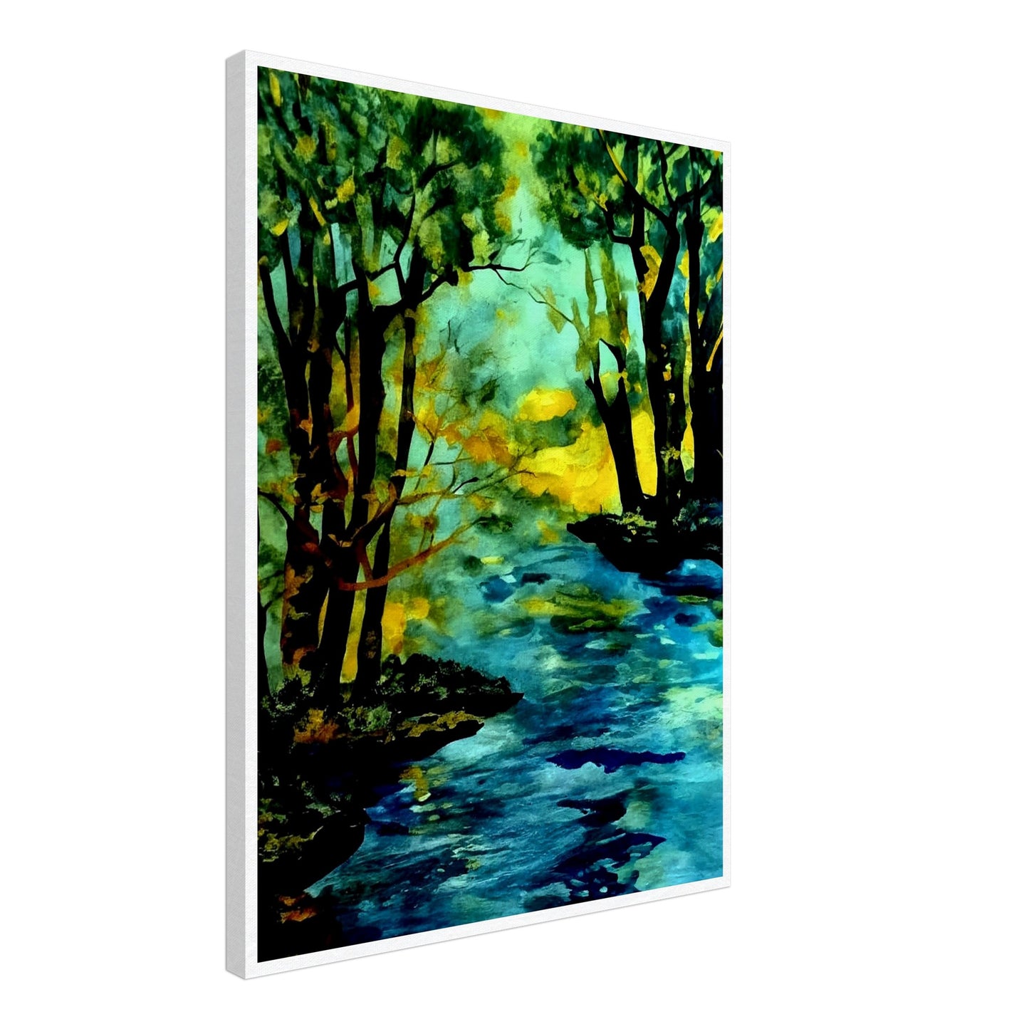 A vibrant landscape painting of a river flowing through a forest, with trees reflecting in the water and a warm glow of sunlight in the background, evoking tranquility and nature's beauty.