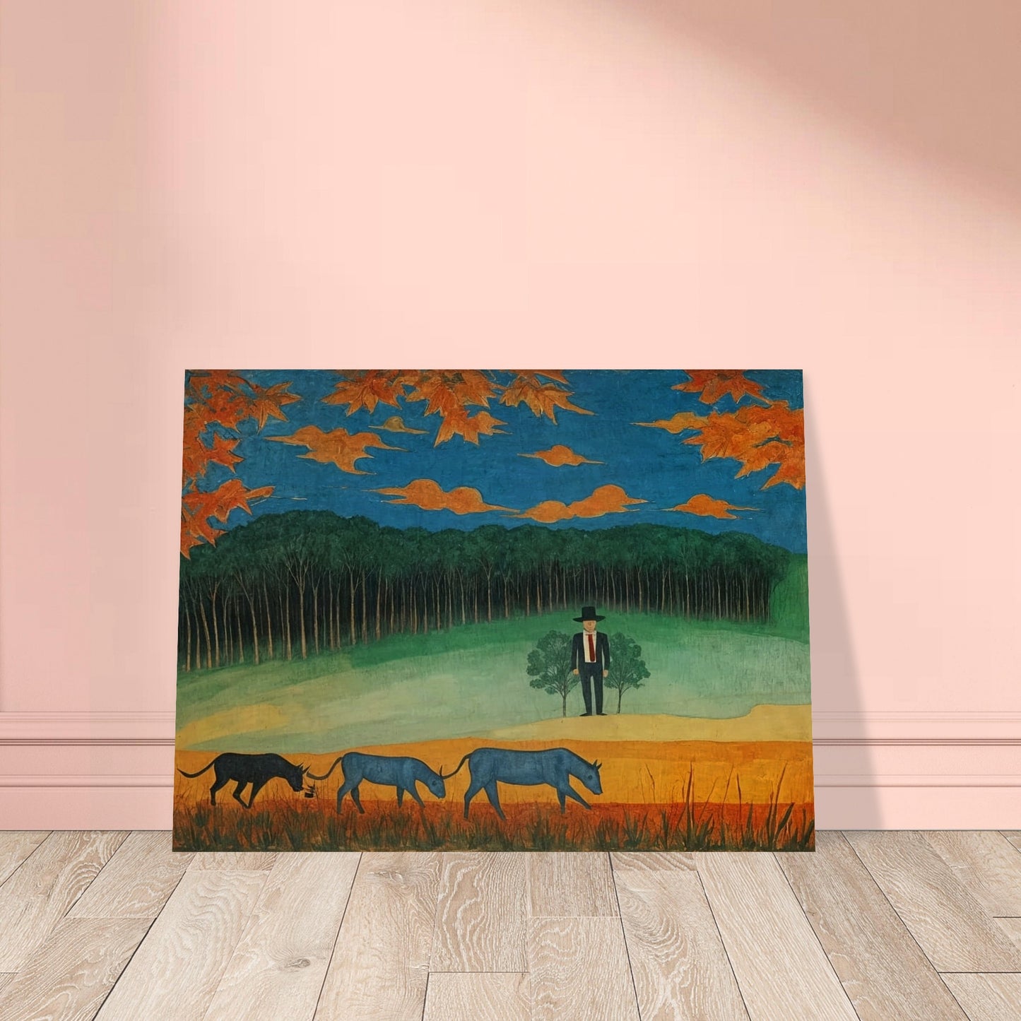 A serene countryside with blue cattle grazing and a lone man in a hat observing the changing autumn foliage and orange skies.