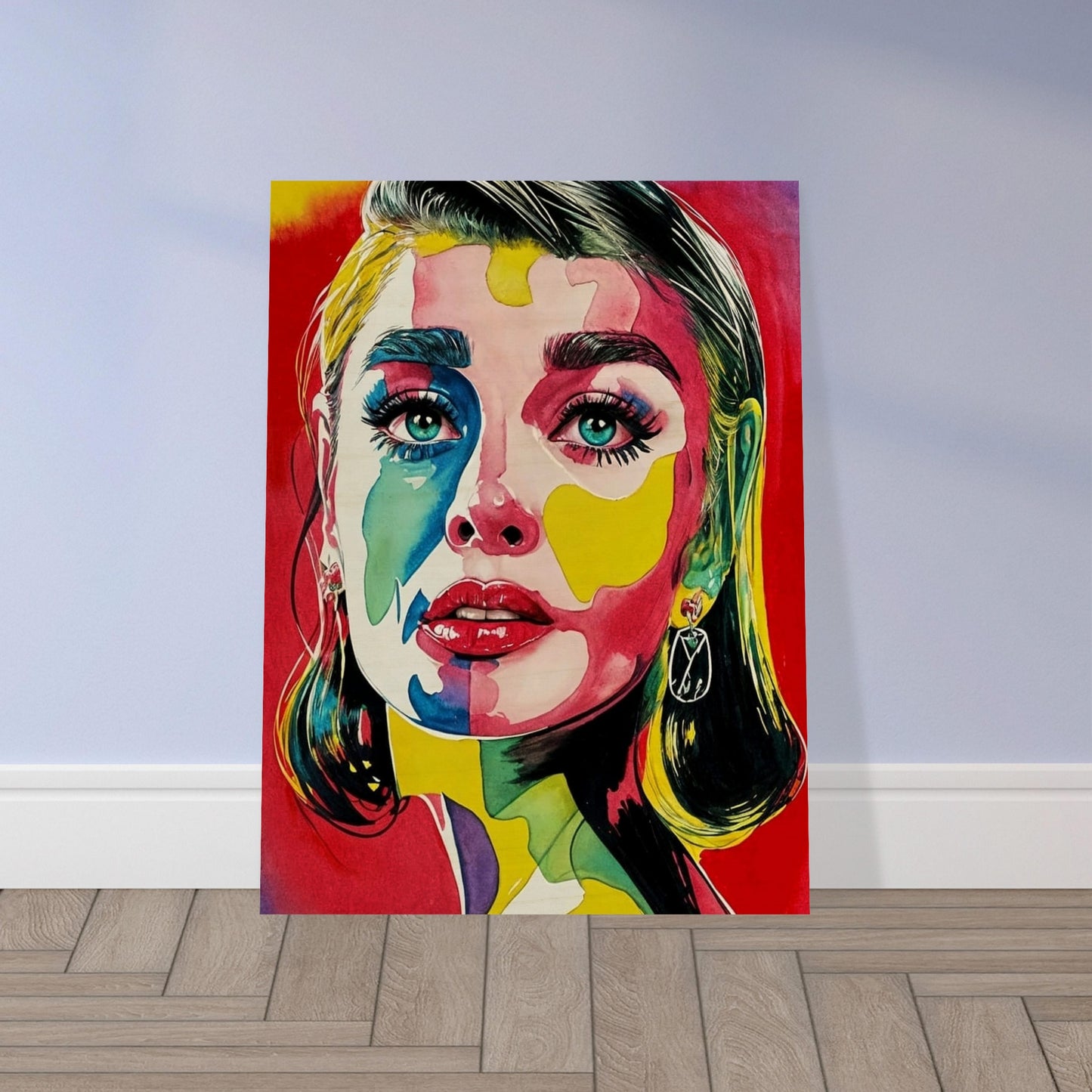 A striking portrait of a woman with vivid colors painted across her face, featuring bold reds, blues, yellows, and greens, with intense, captivating eyes.