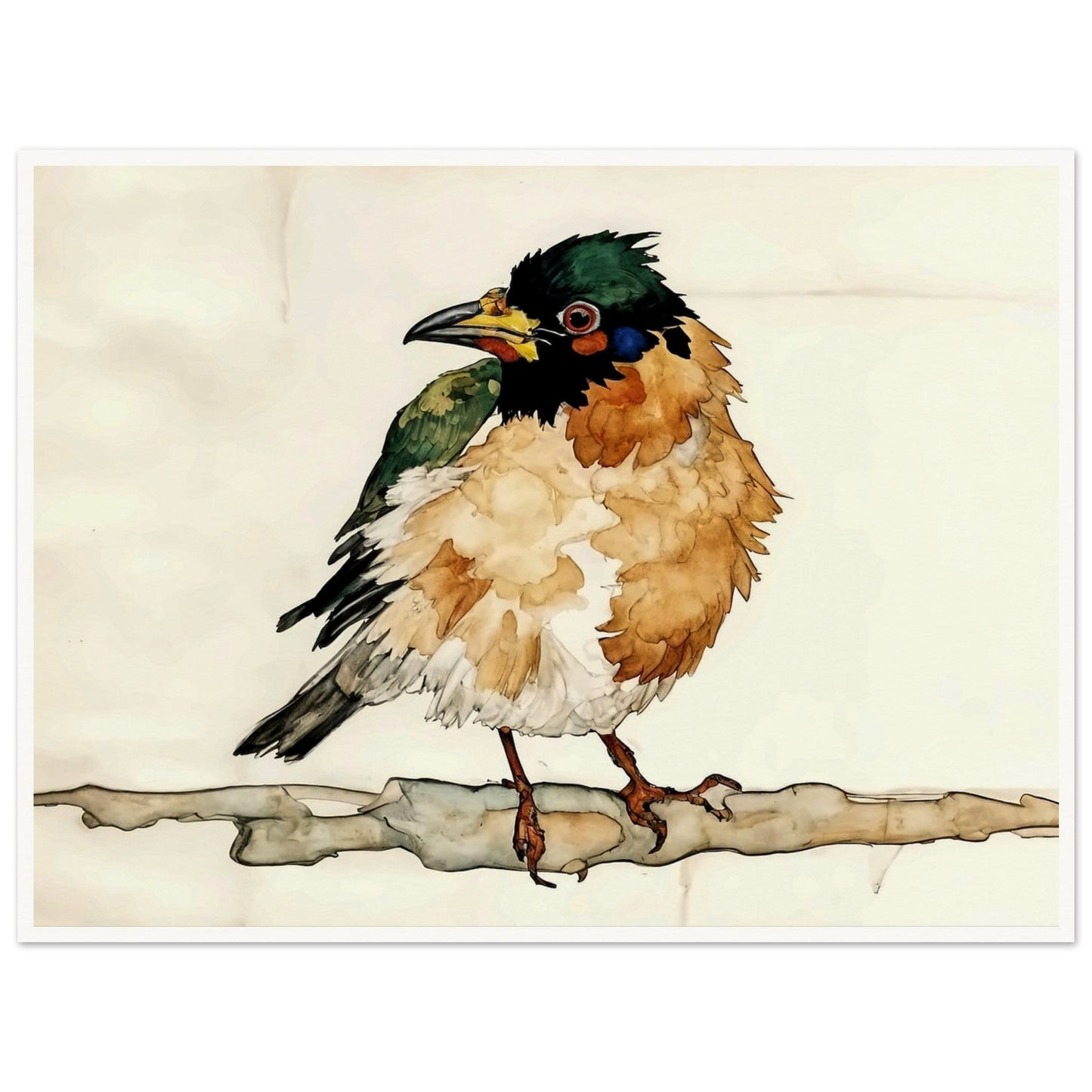 "A delicate painting of a small bird with fluffy, colorful feathers perched on a branch, set against a soft, neutral background."