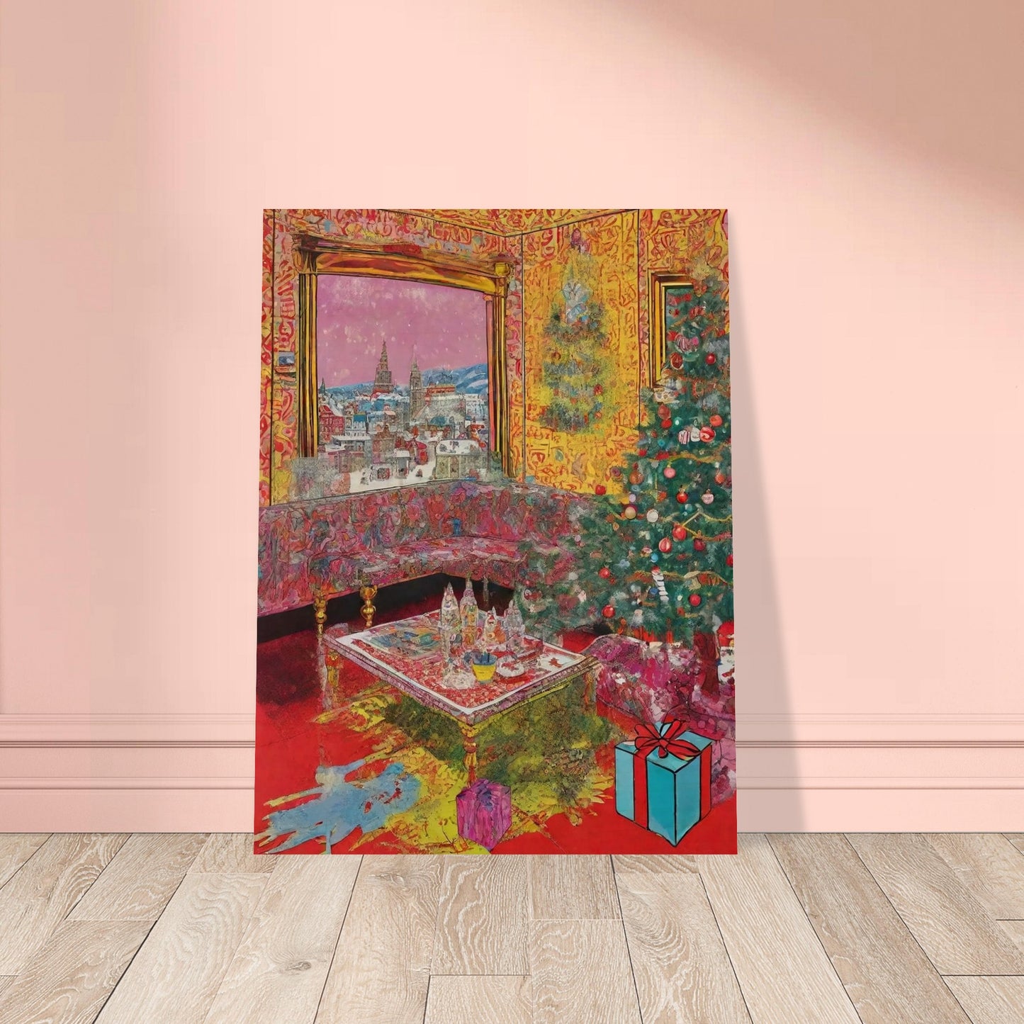 A vibrant living room adorned with a Christmas tree, presents, and festive decorations, featuring a large window showcasing a snowy cityscape with church spires in the distance.