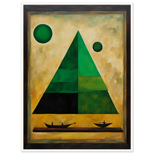 A surreal composition of a towering green pyramid, floating celestial orbs, and boats carrying shadowy figures on an enigmatic journey.