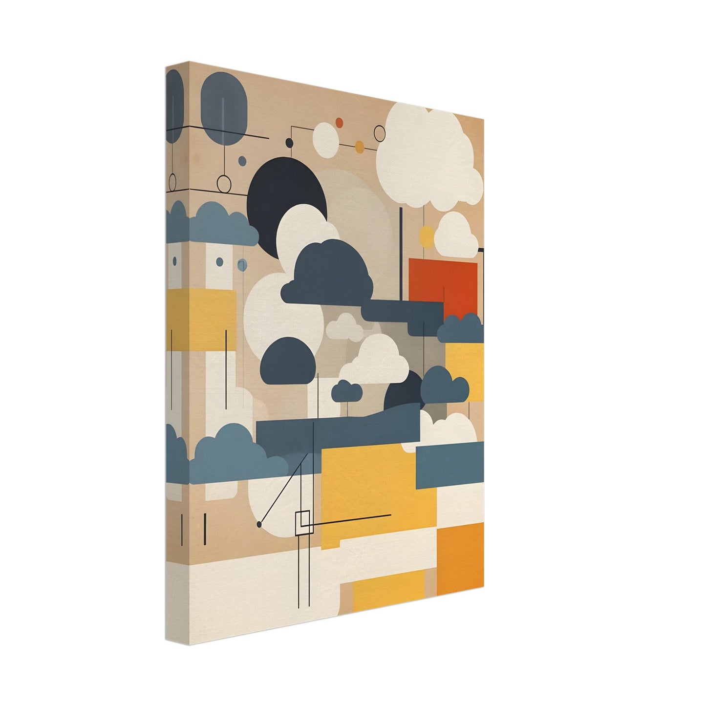 An abstract geometric artwork featuring stylized cloud shapes in white, gray, and blue, with rectangular blocks in yellow, beige, and red on a muted tan background.
