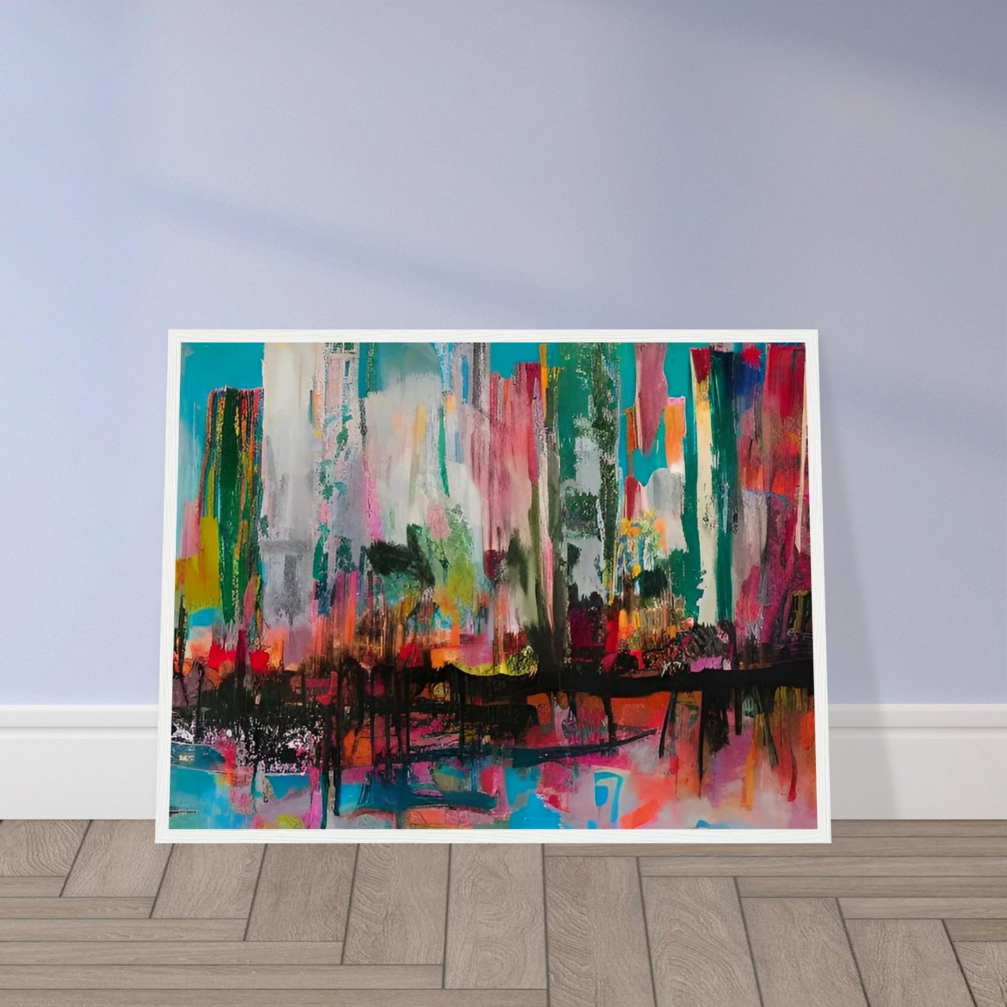 A vibrant cityscape with bold, abstract strokes of color, including teal, pink, red, and orange, creating a dynamic and energetic atmosphere.