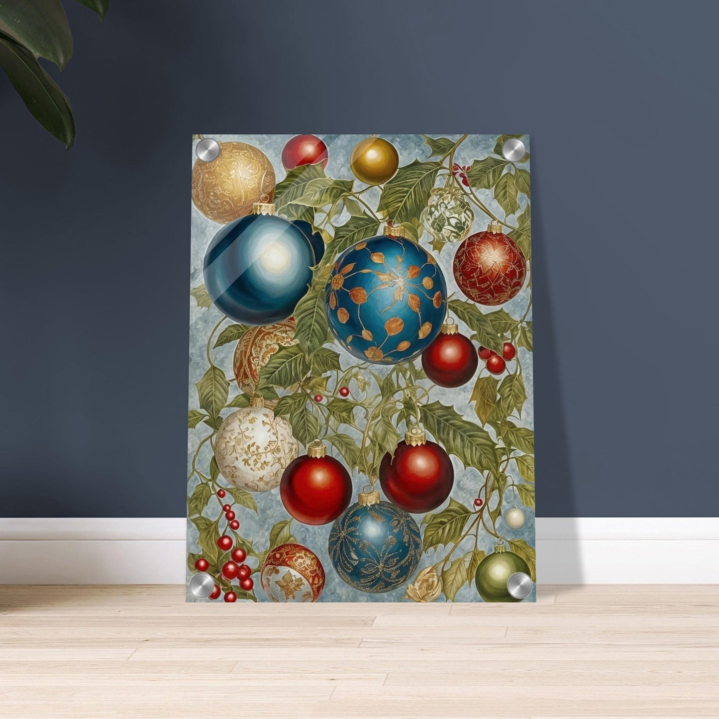 A beautiful arrangement of Christmas ornaments in blue, red, gold, and white, hanging from holly branches adorned with berries, showcasing intricate holiday designs.