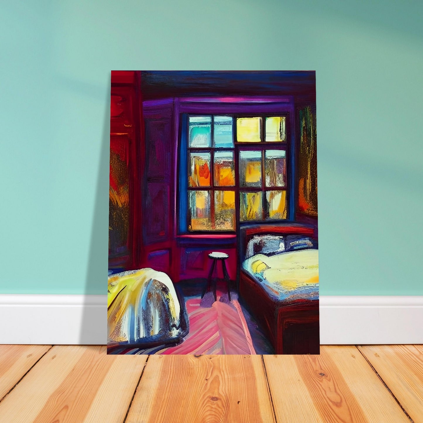A vibrant painting of a bedroom illuminated by the warm glow of the evening light coming through a large window, casting colorful reflections on the walls and furniture