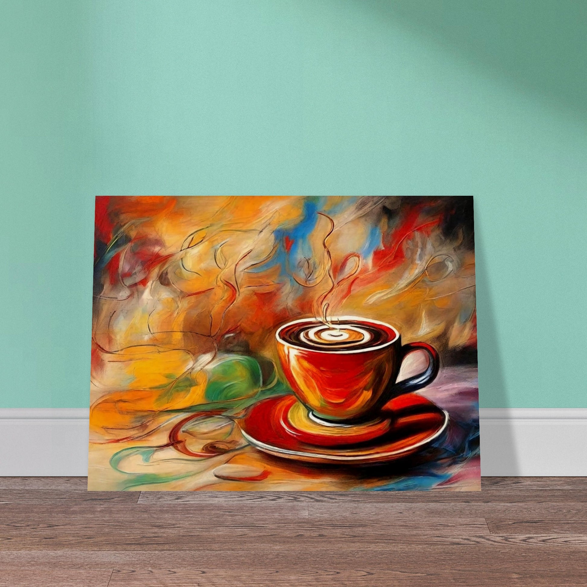 "An expressive painting of a steaming cup of coffee in a red cup with swirling colors of orange, yellow, and blue in the background."