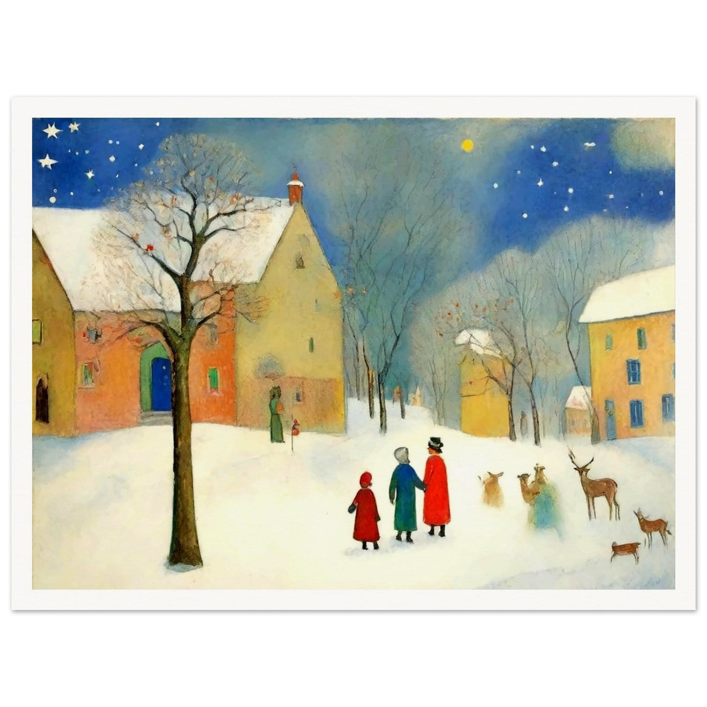 "A whimsical winter scene featuring families and deer in a snow-covered village under a starry sky, with warm-lit houses in the background."