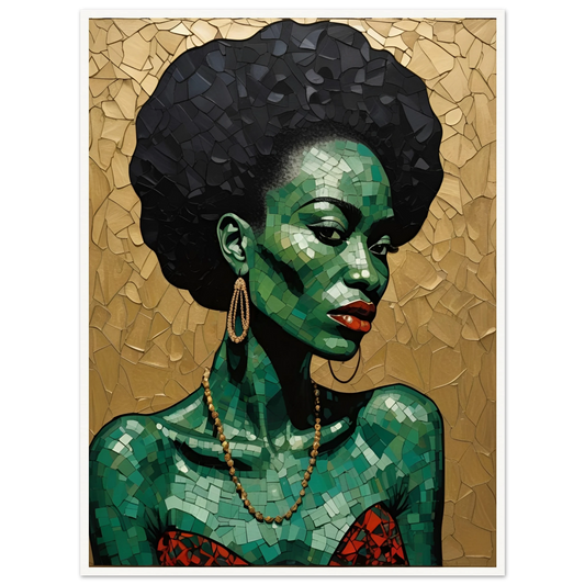 A stunning mosaic-style portrait of a woman with emerald-toned skin, bold red lips, and gold jewelry against a textured golden backdrop.