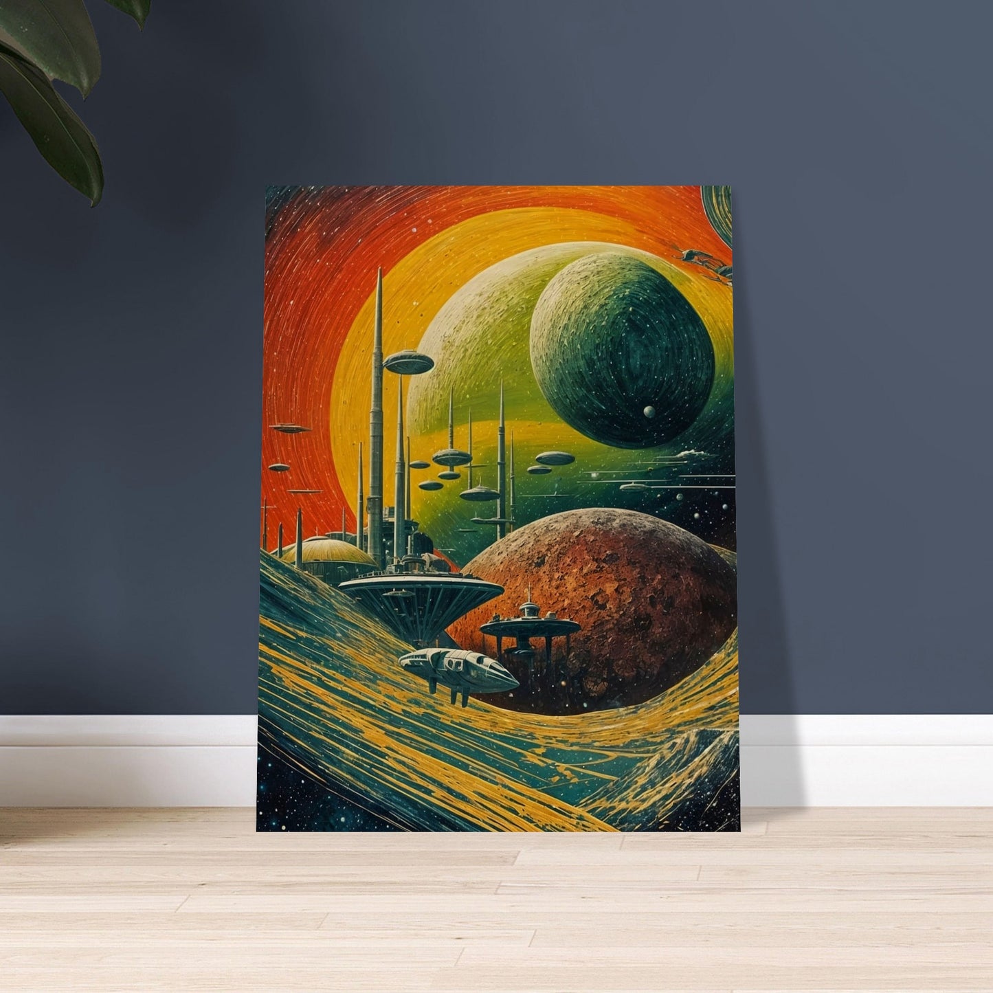 A vivid depiction of a futuristic planetary system with towering structures and spacecraft amidst swirling cosmic landscapes, evoking a sense of exploration and wonder.