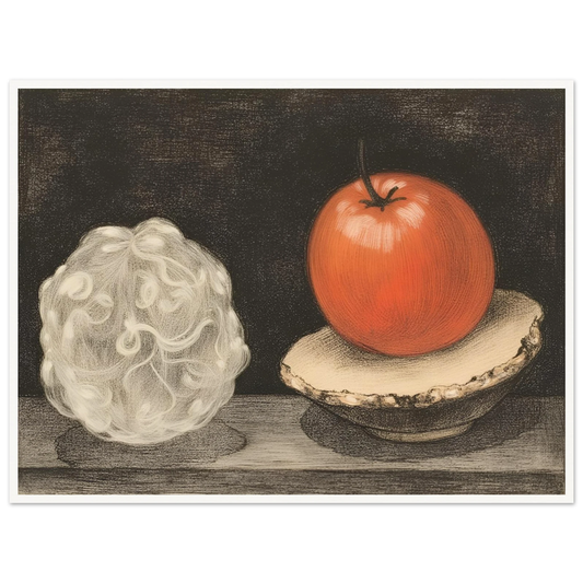 A surreal still life of a glossy red fruit on a shell beside a cloudlike orb, set against a dark textured background.