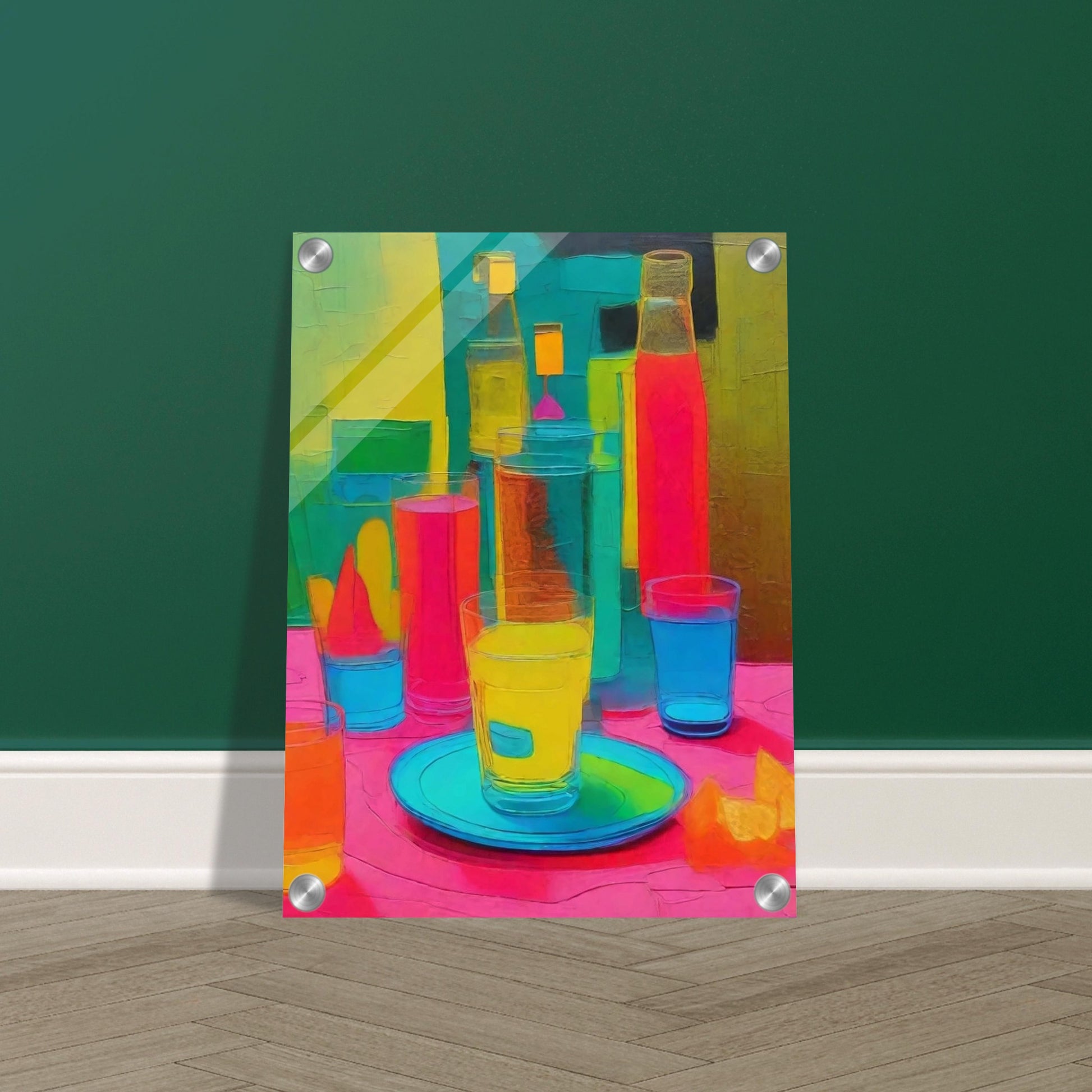 A bold and colorful still life painting with neon hues of pink, yellow, and blue, featuring bottles, glasses, and a plate on a table.