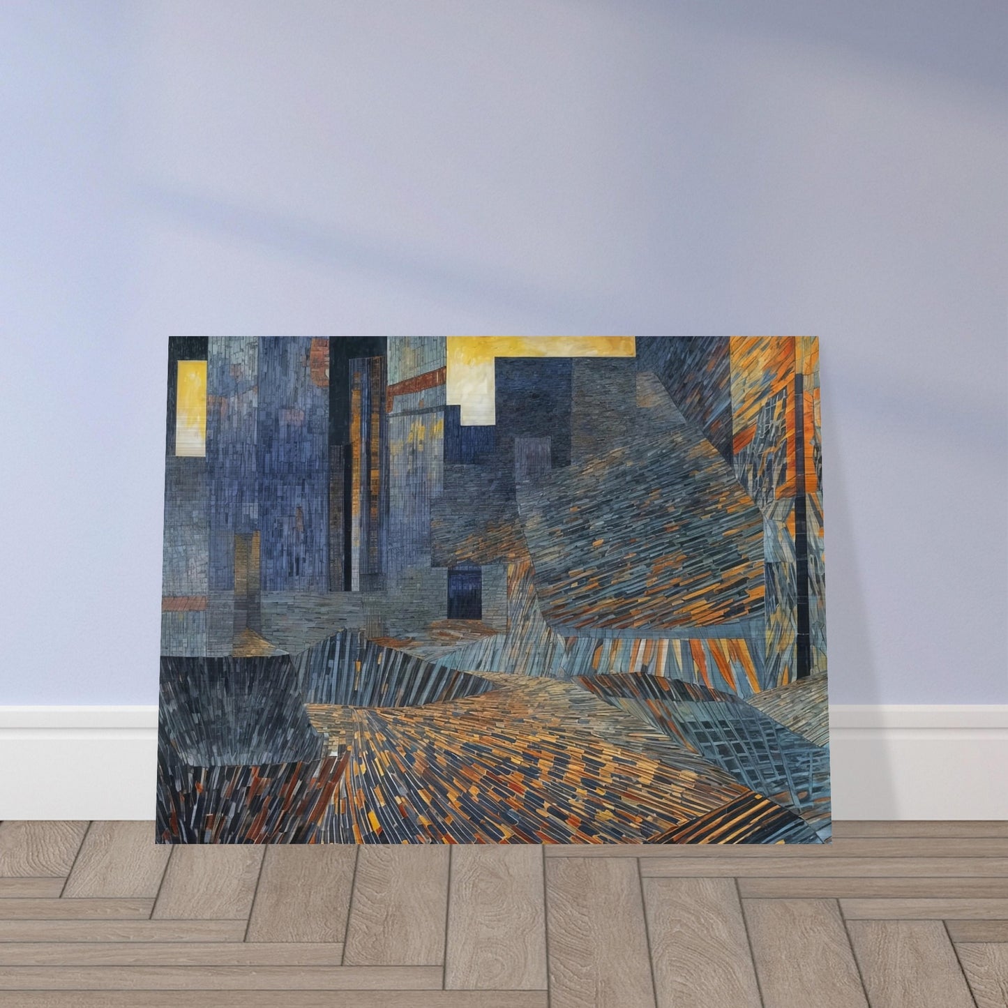 A mosaic-like abstract painting depicting an urban landscape with intricate patterns and vibrant colors.