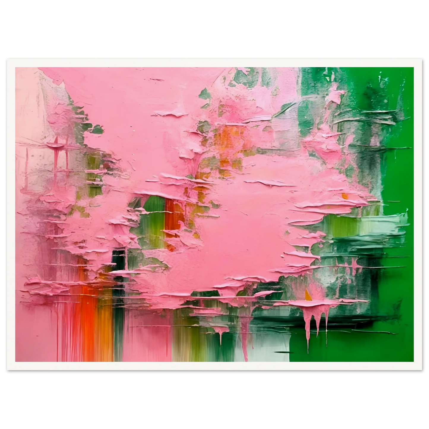 Vibrant abstract art with bold green and pink textures, layered and dripping paint blending with subtle orange and white strokes.