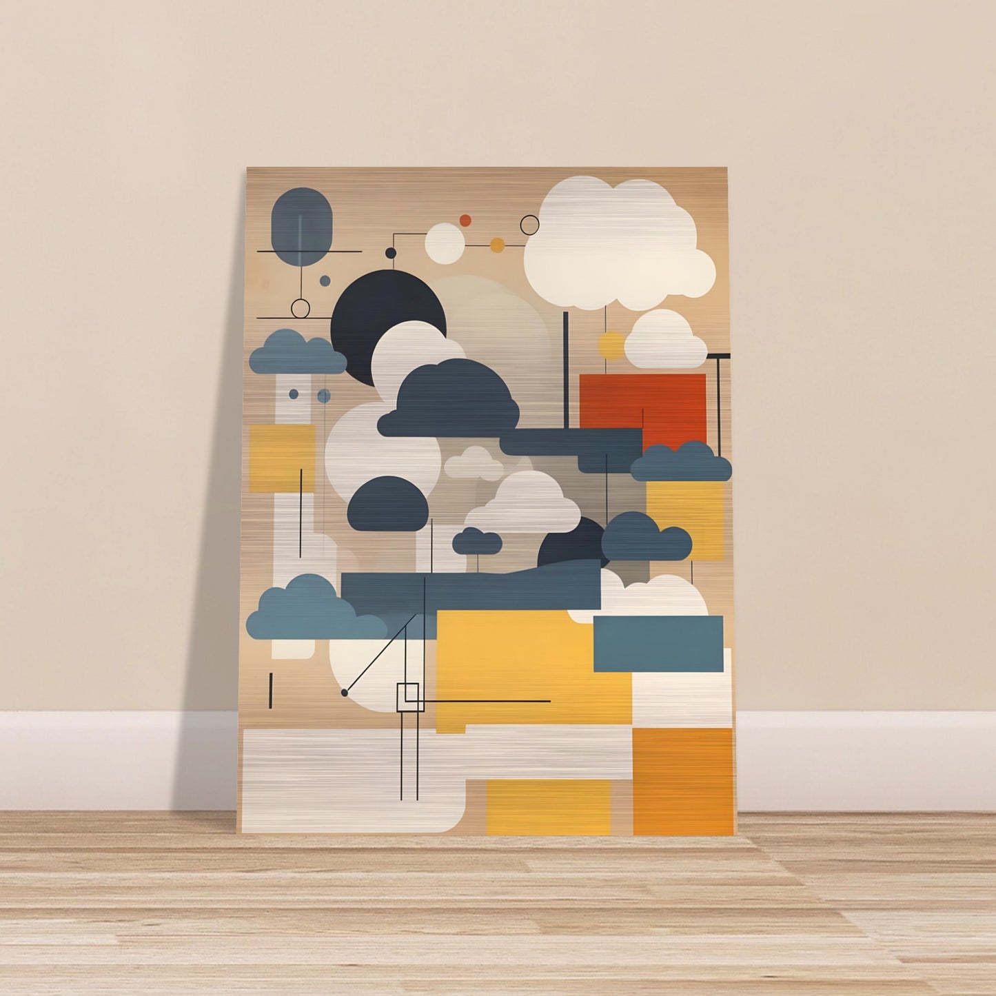 An abstract geometric artwork featuring stylized cloud shapes in white, gray, and blue, with rectangular blocks in yellow, beige, and red on a muted tan background.