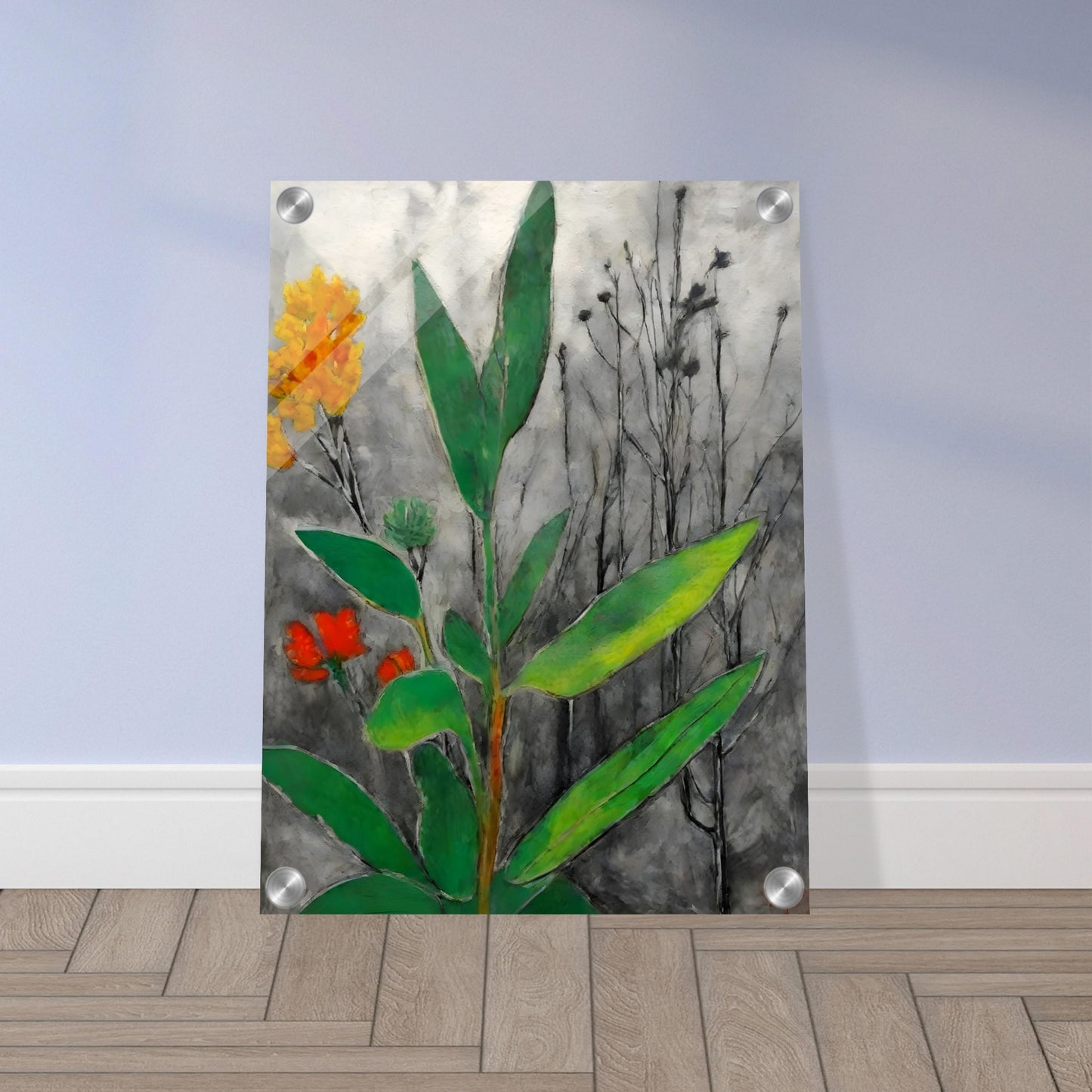 A striking contrast of lush green leaves and vibrant orange and yellow flowers against a monochrome background of withered branches.