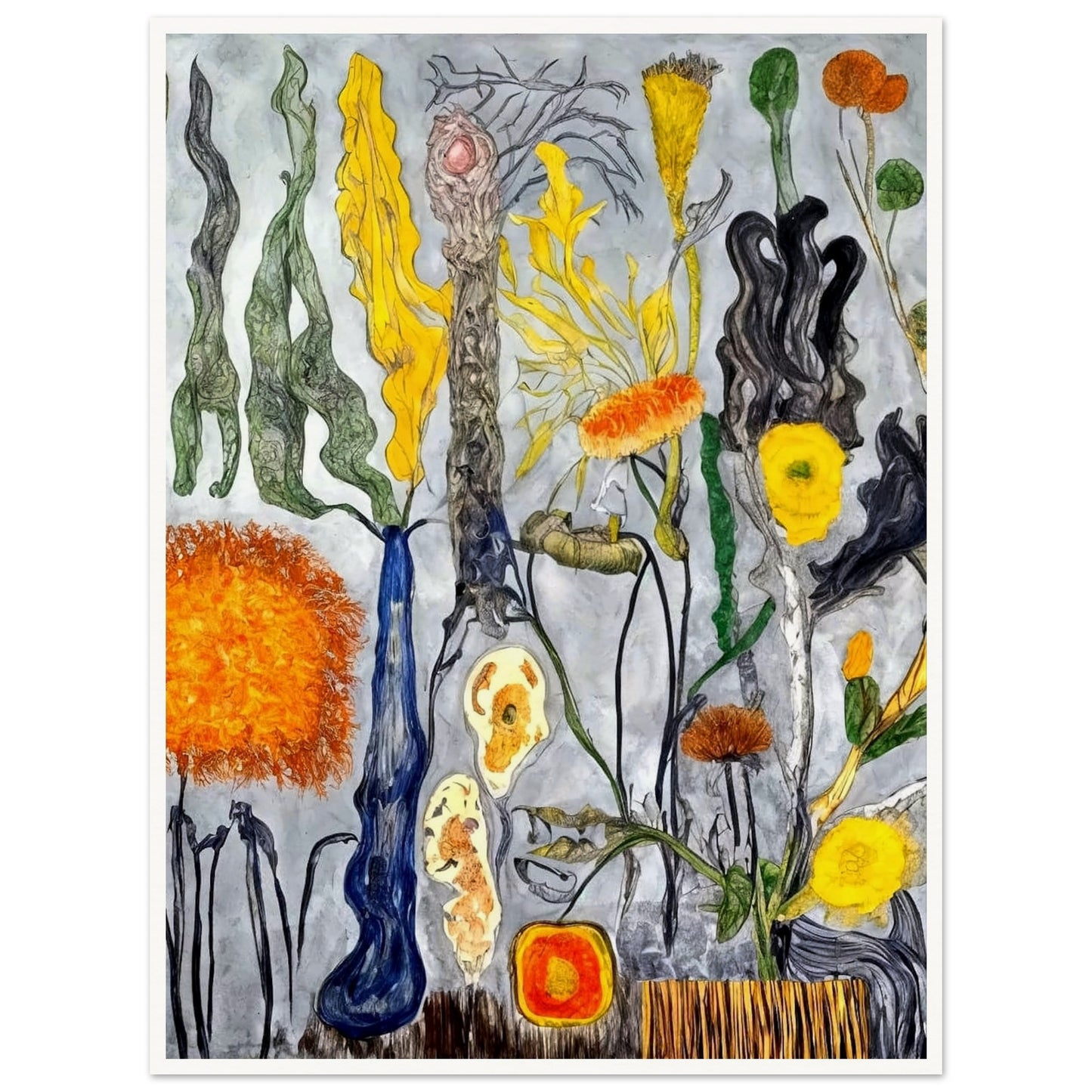 A surreal floral composition featuring abstract shapes and vibrant colors, with twisting, unusual stems and yellow, orange, and green flowers.
