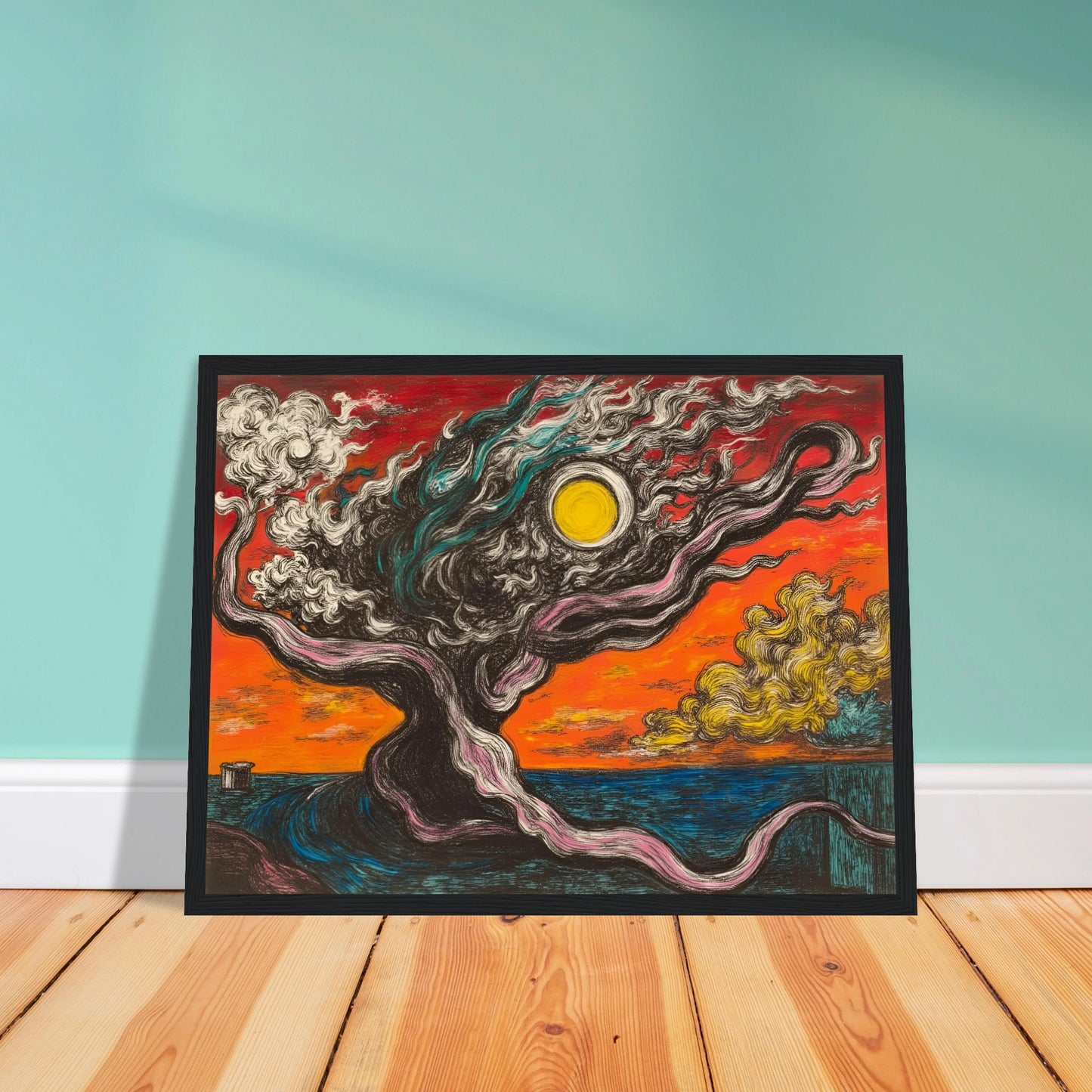 A surreal tree with smoky limbs stretches beneath a fiery orange sky and sun, near a vivid blue sea and yellow clouds.