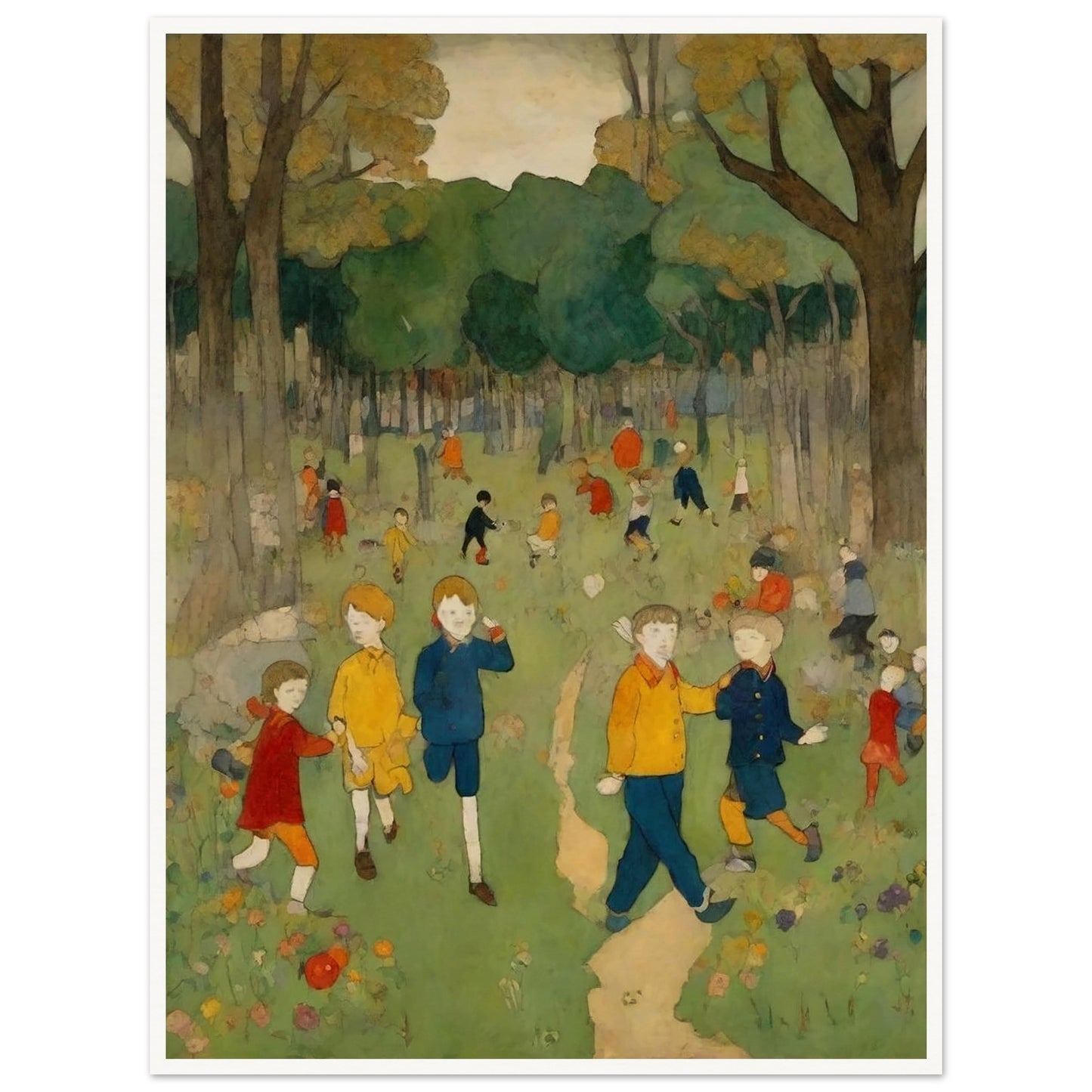 "A nostalgic painting of children playing and exploring in a bright green forest clearing, surrounded by tall trees and colorful wildflowers."